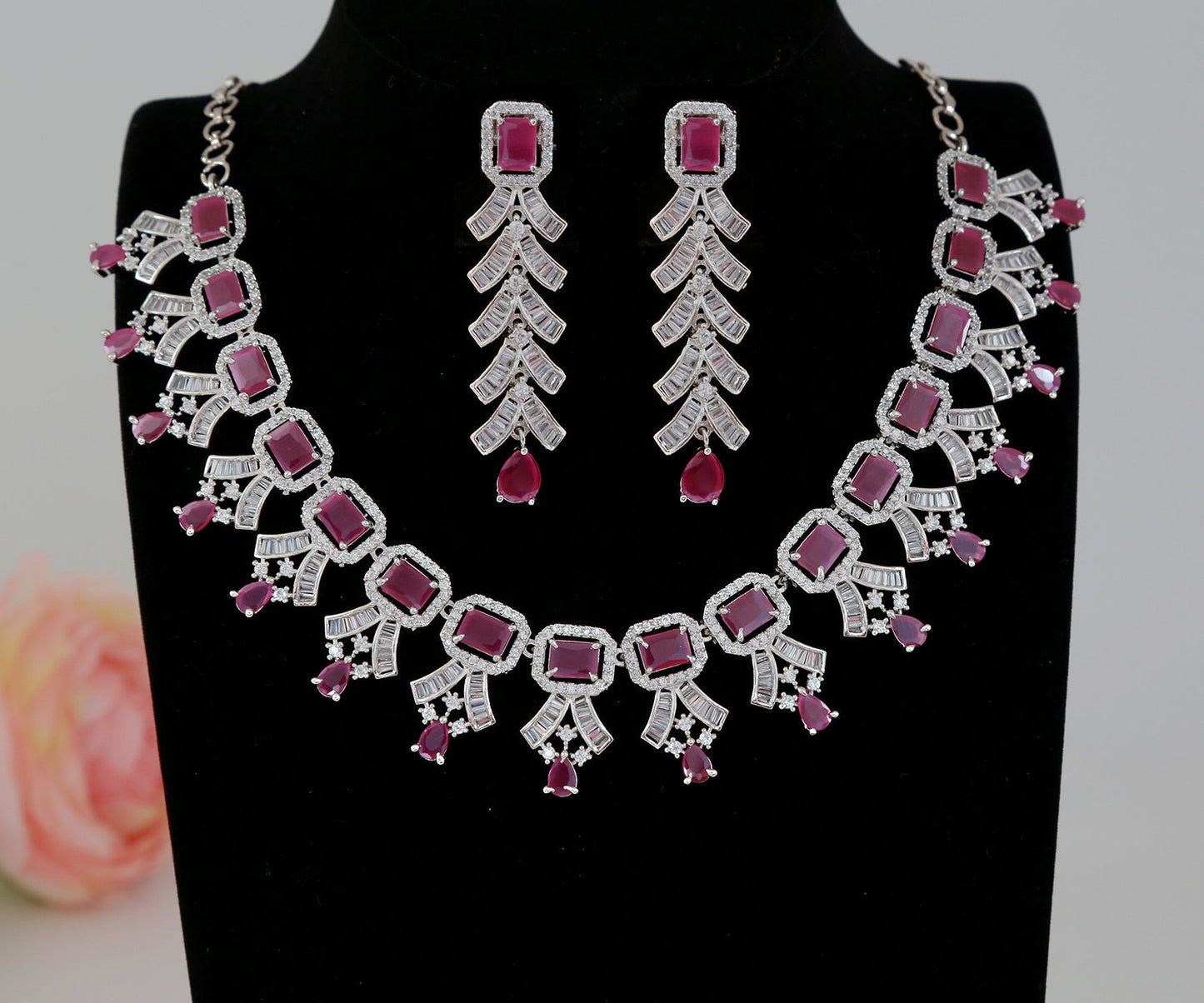 American diamond necklace set | CZ diamond bridal necklace set | Emerald cut AD stone necklace designs | Indian Bollywood wedding jewelry