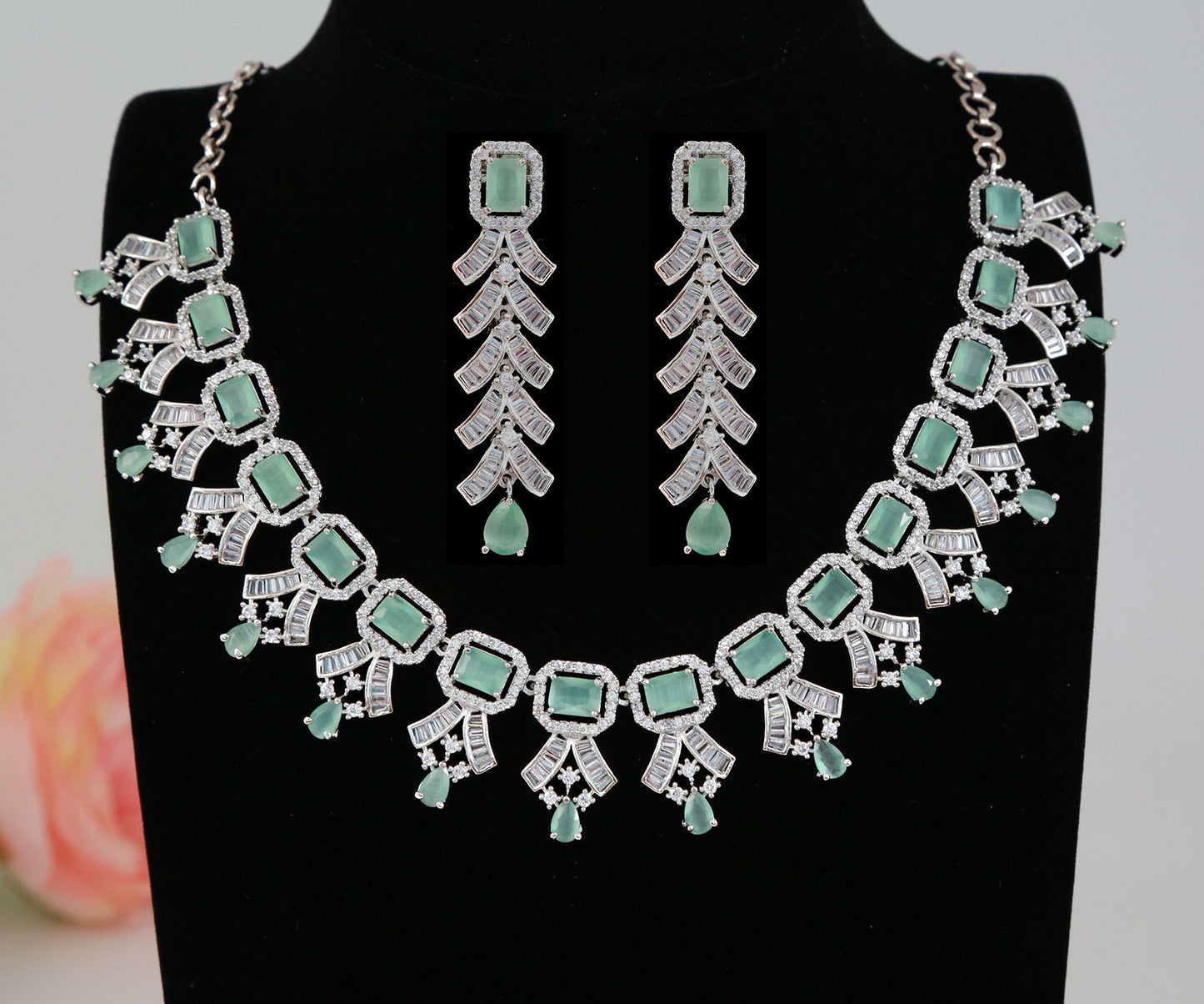 American diamond necklace set | CZ diamond bridal necklace set | Emerald cut AD stone necklace designs | Indian Bollywood wedding jewelry