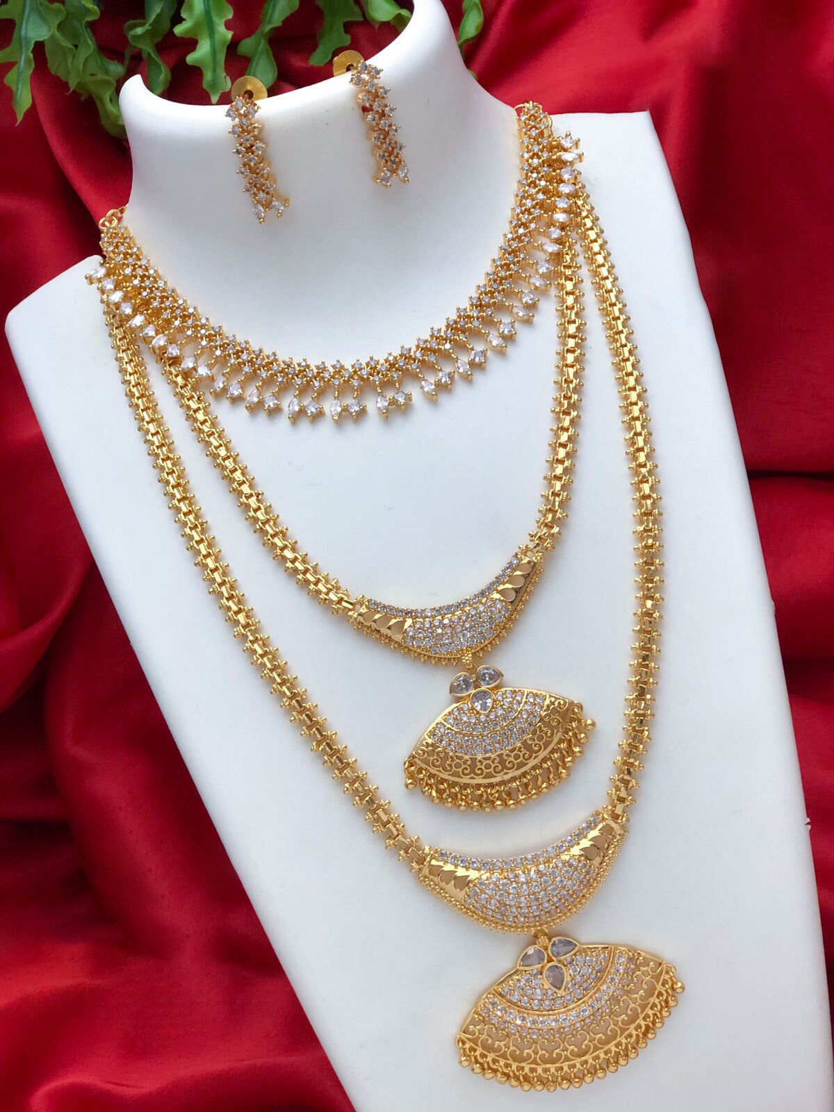 Long and short necklace combo set | Traditional gold plated long, Medium and short necklace designs | South Indian Style wedding jewelry set