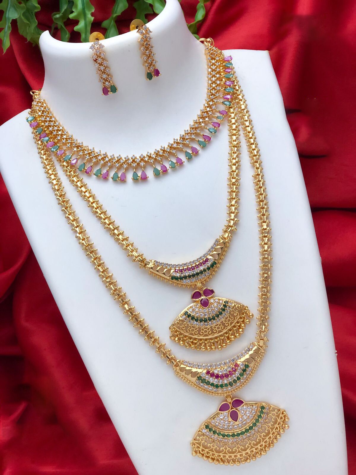 Long and short necklace combo set | Traditional gold plated long, Medium and short necklace designs | South Indian Style wedding jewelry set