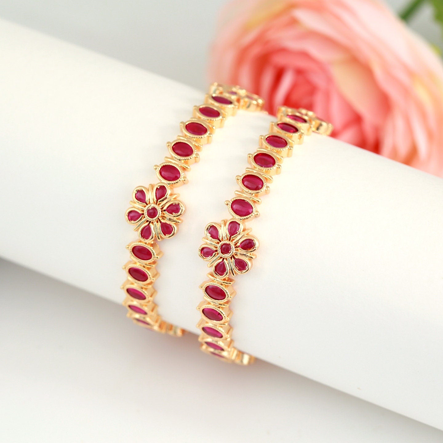 Purple color kemp stone bangles gold plated | 22k gold plated Indian bangles | south indian style gold bangles design |Floral design bangles