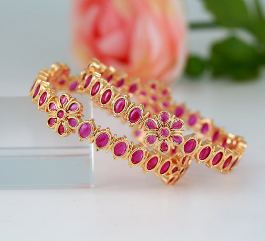 Purple color kemp stone bangles gold plated | 22k gold plated Indian bangles | south indian style gold bangles design |Floral design bangles