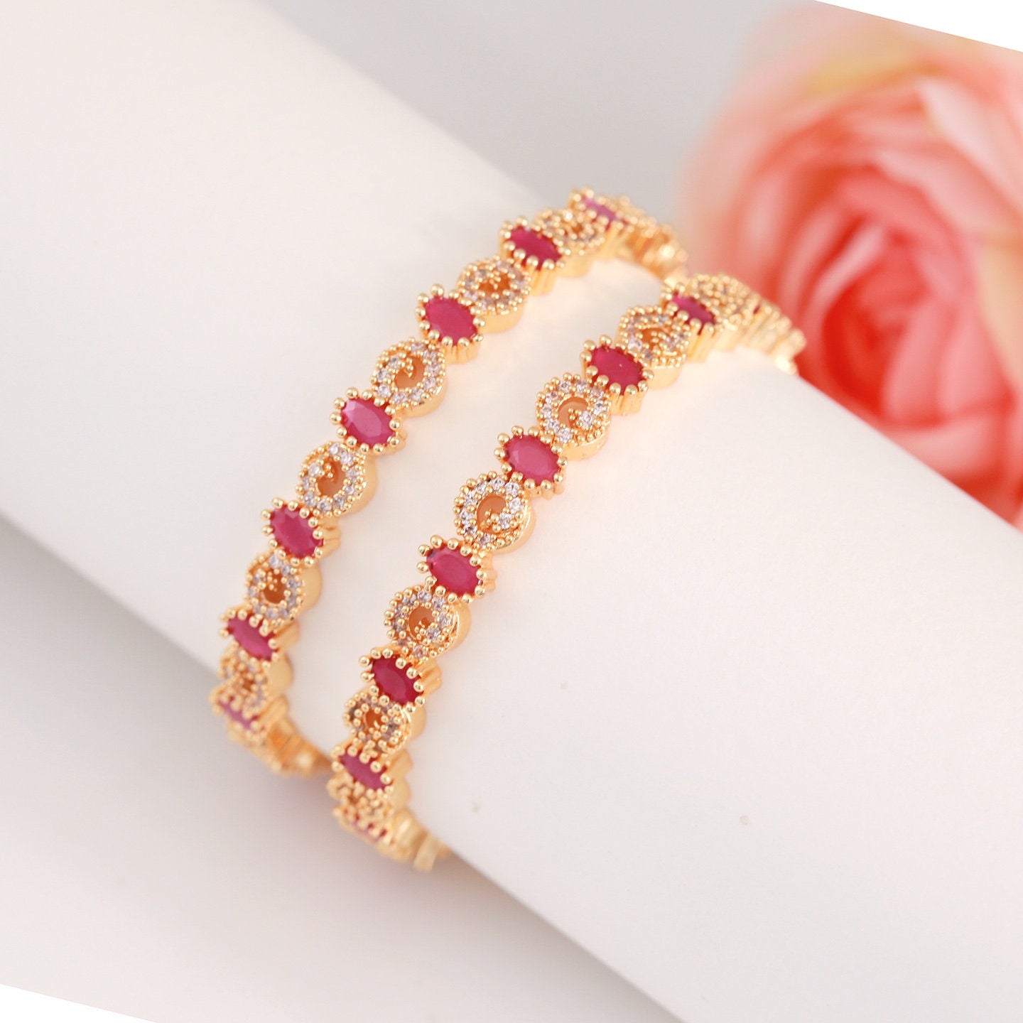 Oval shaped Ruby stone American Diamond Crystal Bangles | 22Kt gold plated South Indian style bangles | Mothers day jewelry | Gift For her