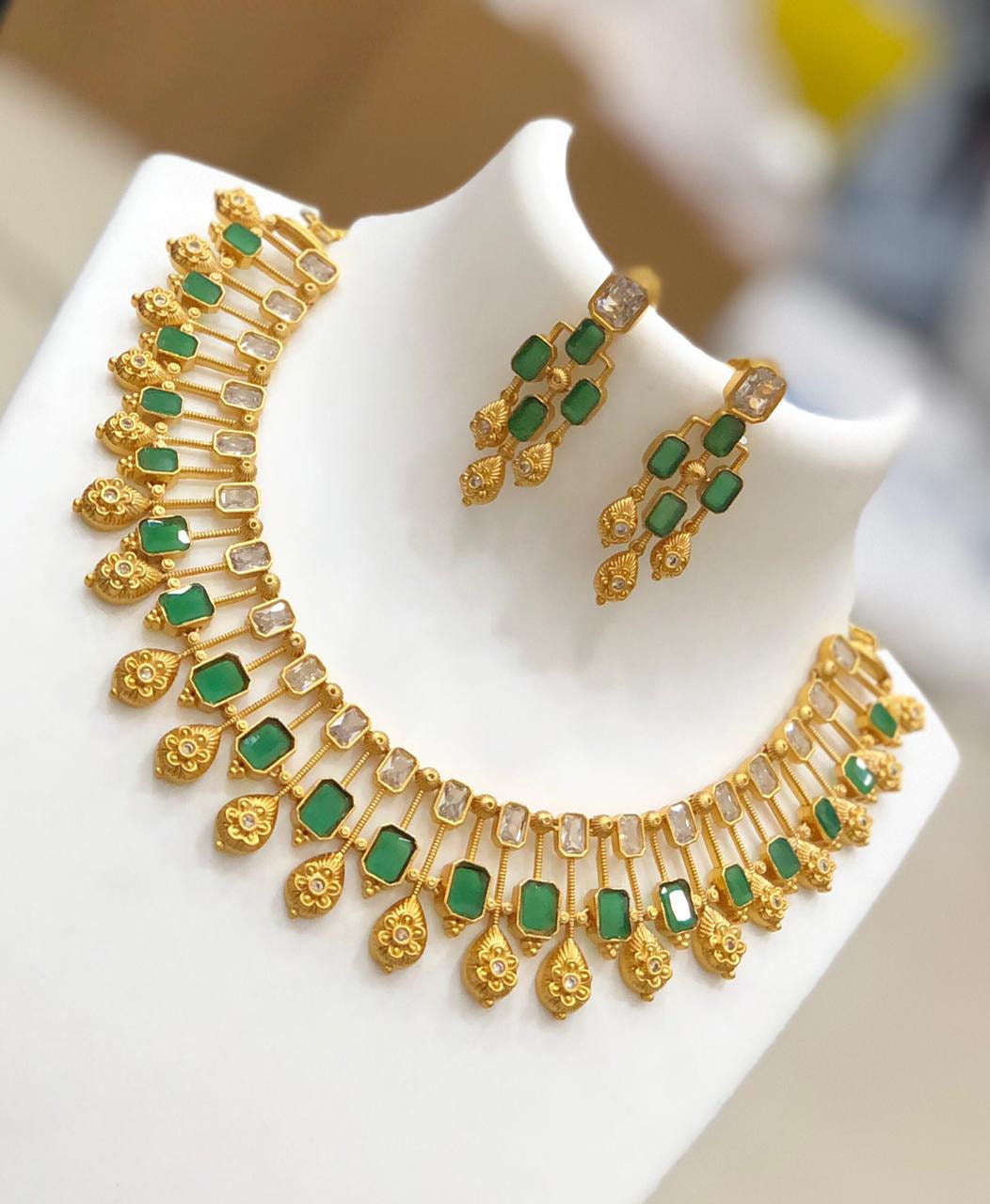 Indian Designs Gold Plated American Diamond Emerald Necklace Set