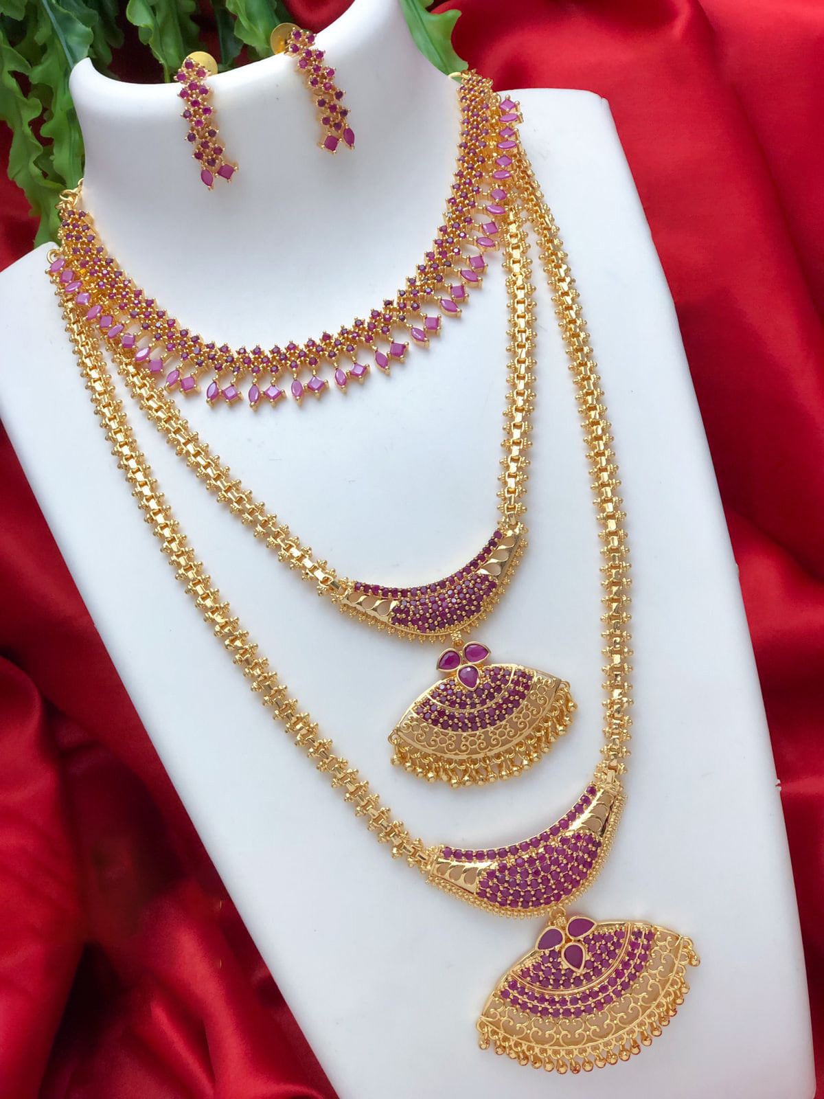 Long and short necklace combo set | Traditional gold plated long, Medium and short necklace designs | South Indian Style wedding jewelry set
