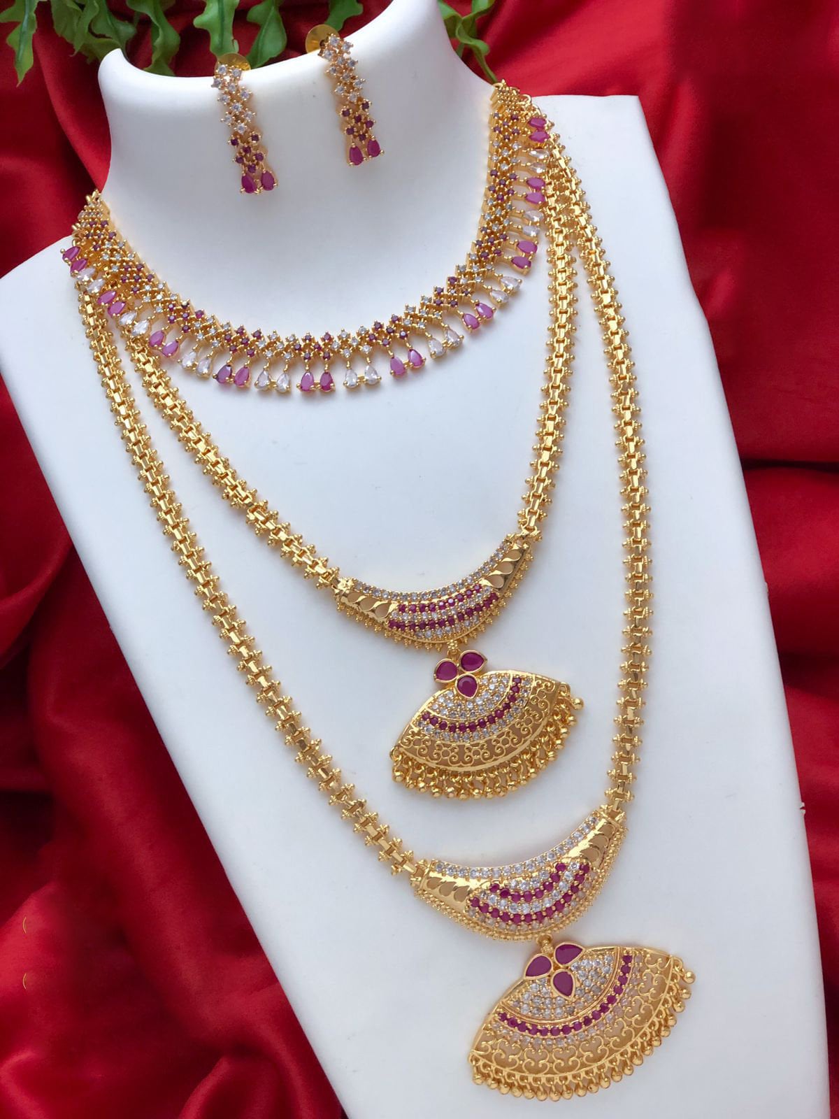 Long and short necklace combo set | Traditional gold plated long, Medium and short necklace designs | South Indian Style wedding jewelry set