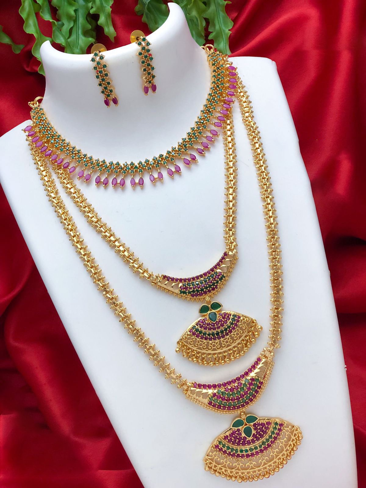 Long and short necklace combo set | Traditional gold plated long, Medium and short necklace designs | South Indian Style wedding jewelry set