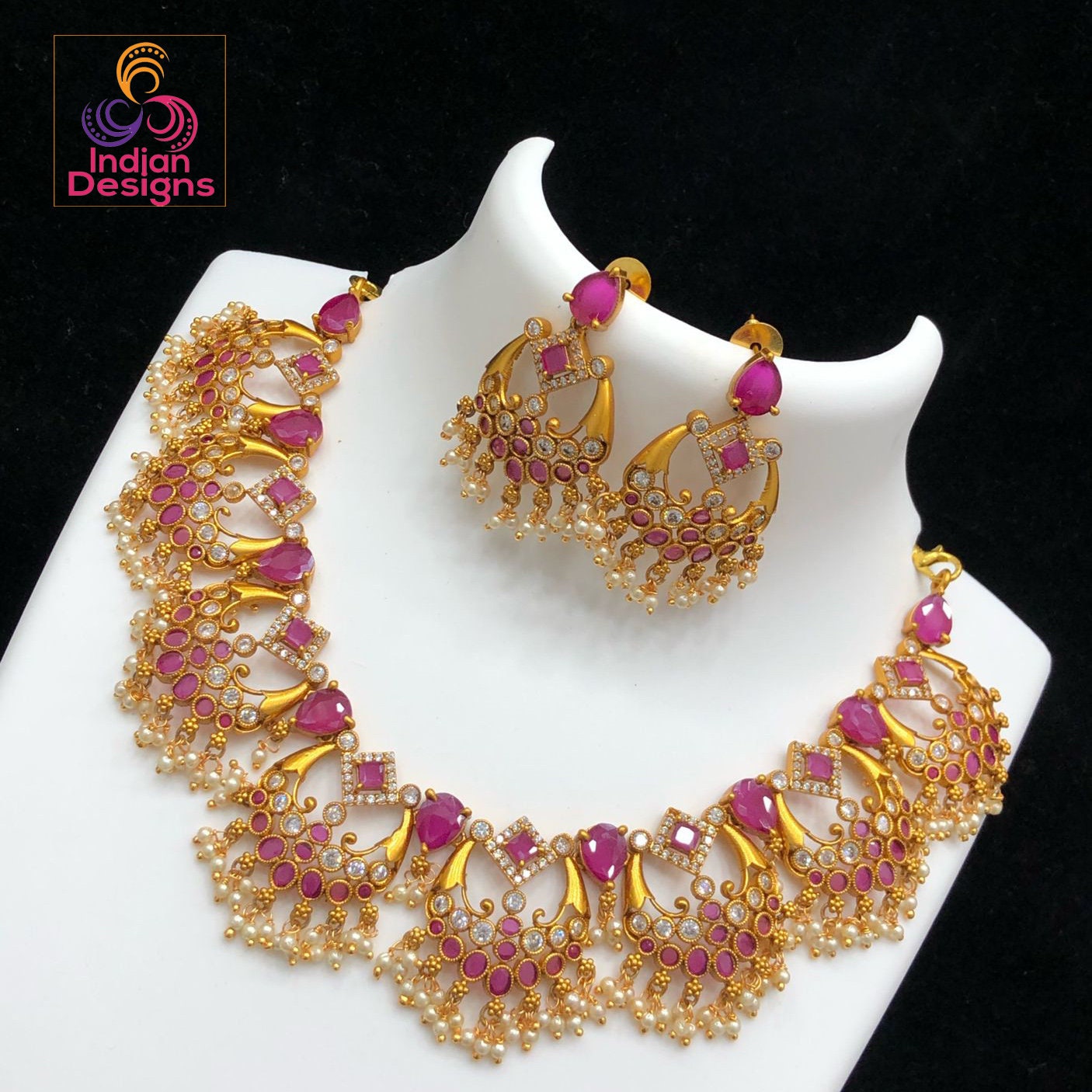 Exclusive Real Kemp stone South Indian Necklace |Matte Gold plated Crescent Moon Ruby green and Diamond stones South Indian Wedding Necklace