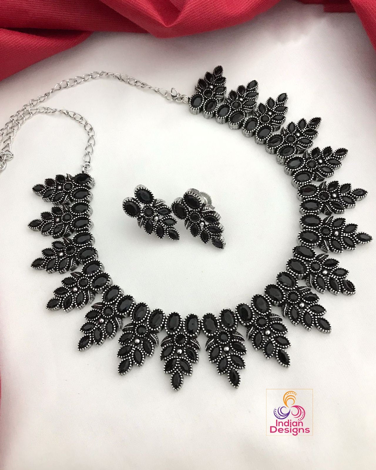 Oxidized silver necklace set | German silver necklace set India | Antique finish Silver choker Necklace | Black Polish American Diamond set