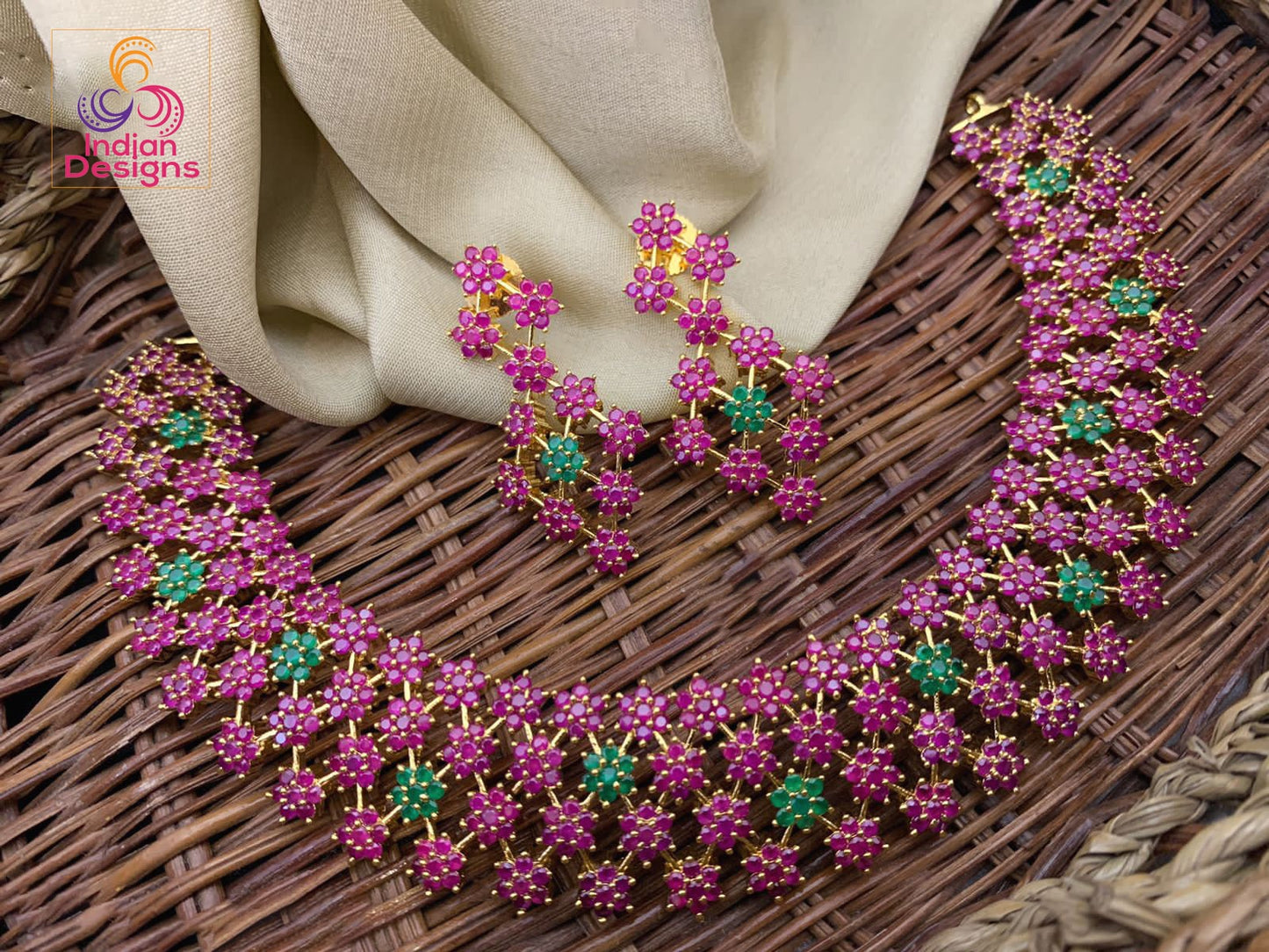 Ruby and Emerald crystal four star Design Necklace | American Diamond choker Necklace with fair price | Ruby Emerald CZ diamond necklace