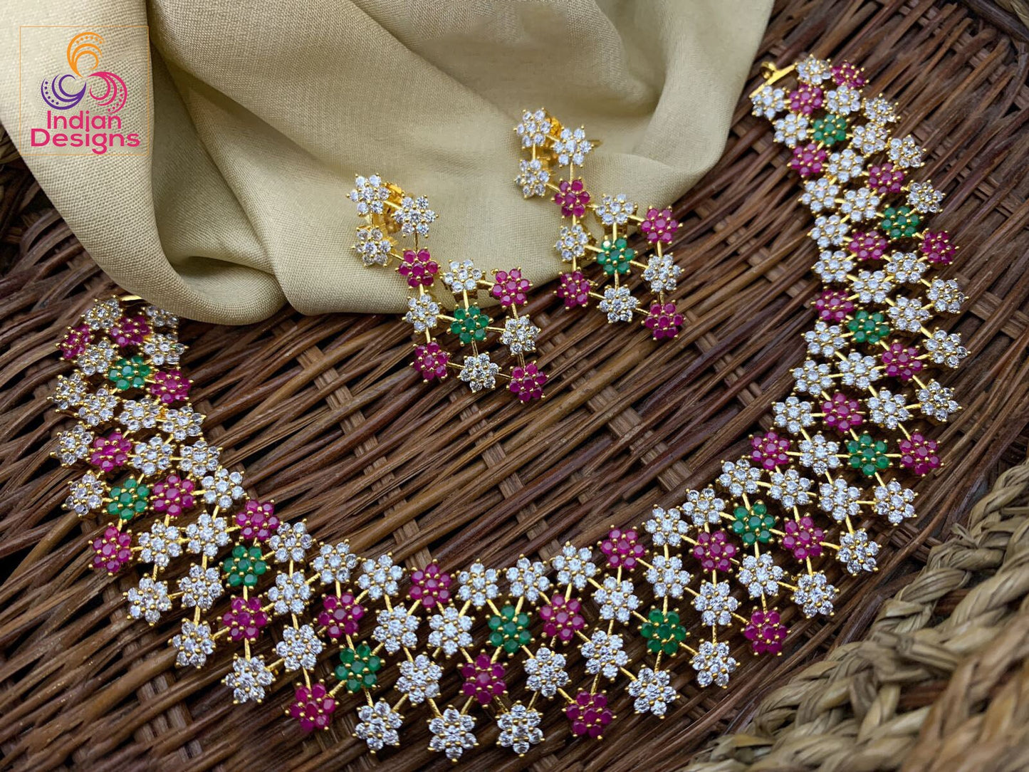 Ruby and Emerald crystal four star Design Necklace | American Diamond choker Necklace with fair price | Ruby Emerald CZ diamond necklace