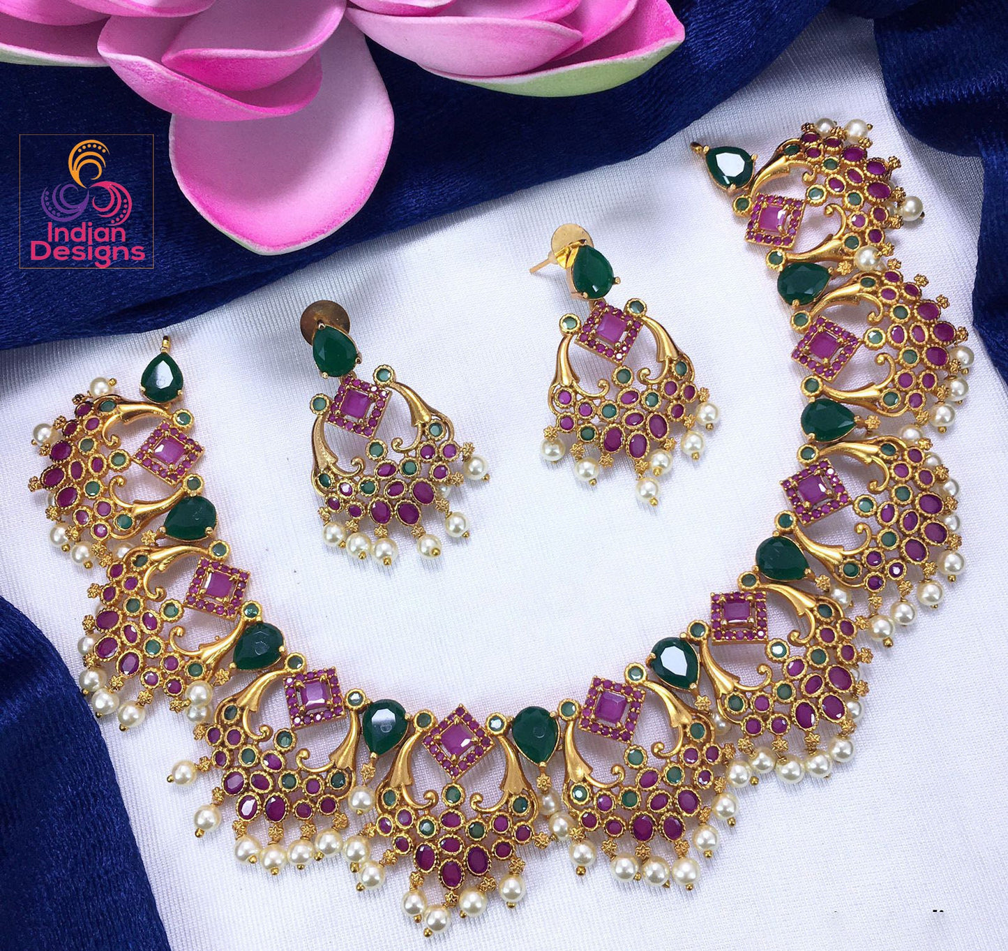 Exclusive Real Kemp stone South Indian Necklace |Matte Gold plated Crescent Moon Ruby green and Diamond stones South Indian Wedding Necklace