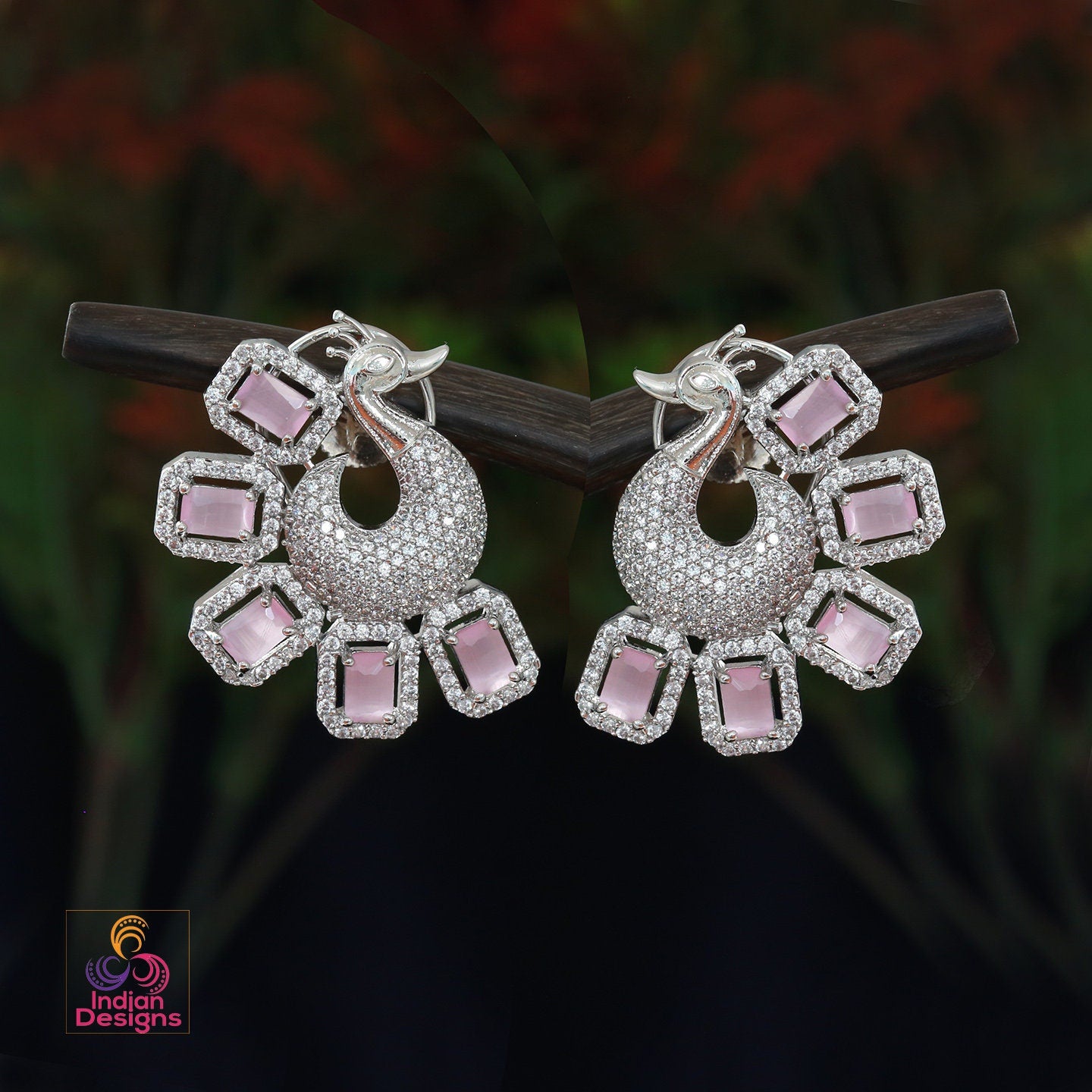 Silver CZ Crystal peacock stud Earrings | American Diamond Stud earring | Indian Pakistani wedding Earrings | Rose gold CZ stud Earrings