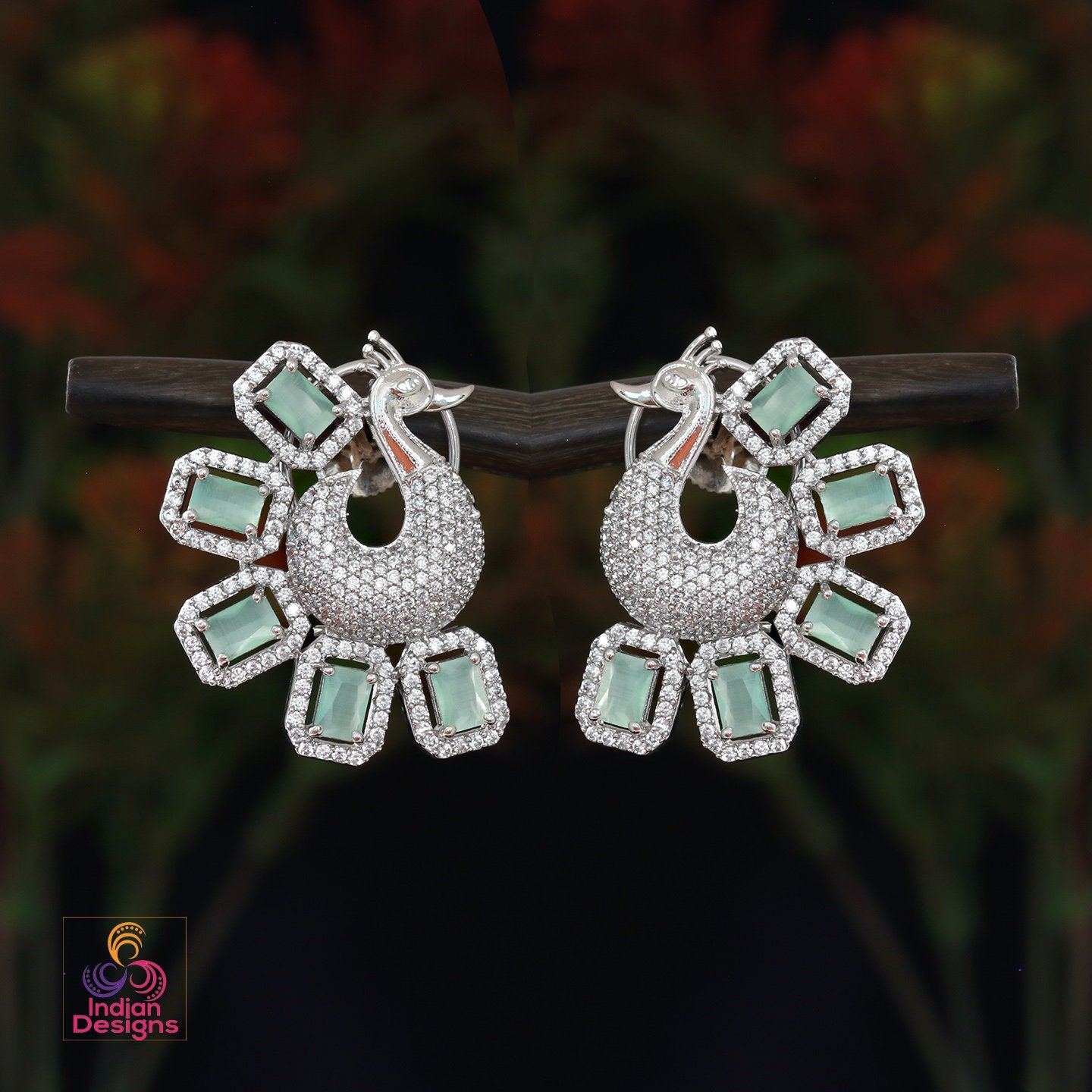 Silver CZ Crystal peacock stud Earrings | American Diamond Stud earring | Indian Pakistani wedding Earrings | Rose gold CZ stud Earrings
