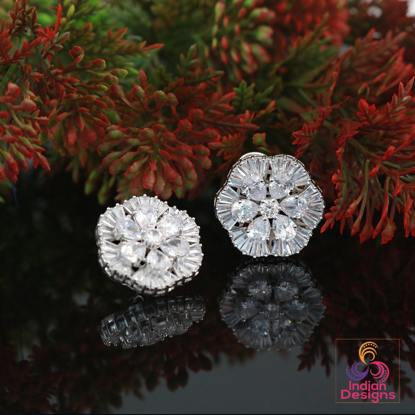 Big flower stud Crystal earrings | Ad stud earrings Mint stones | Rhodium Plated American Diamond stud Earrings | Bollywood style CZ Studs