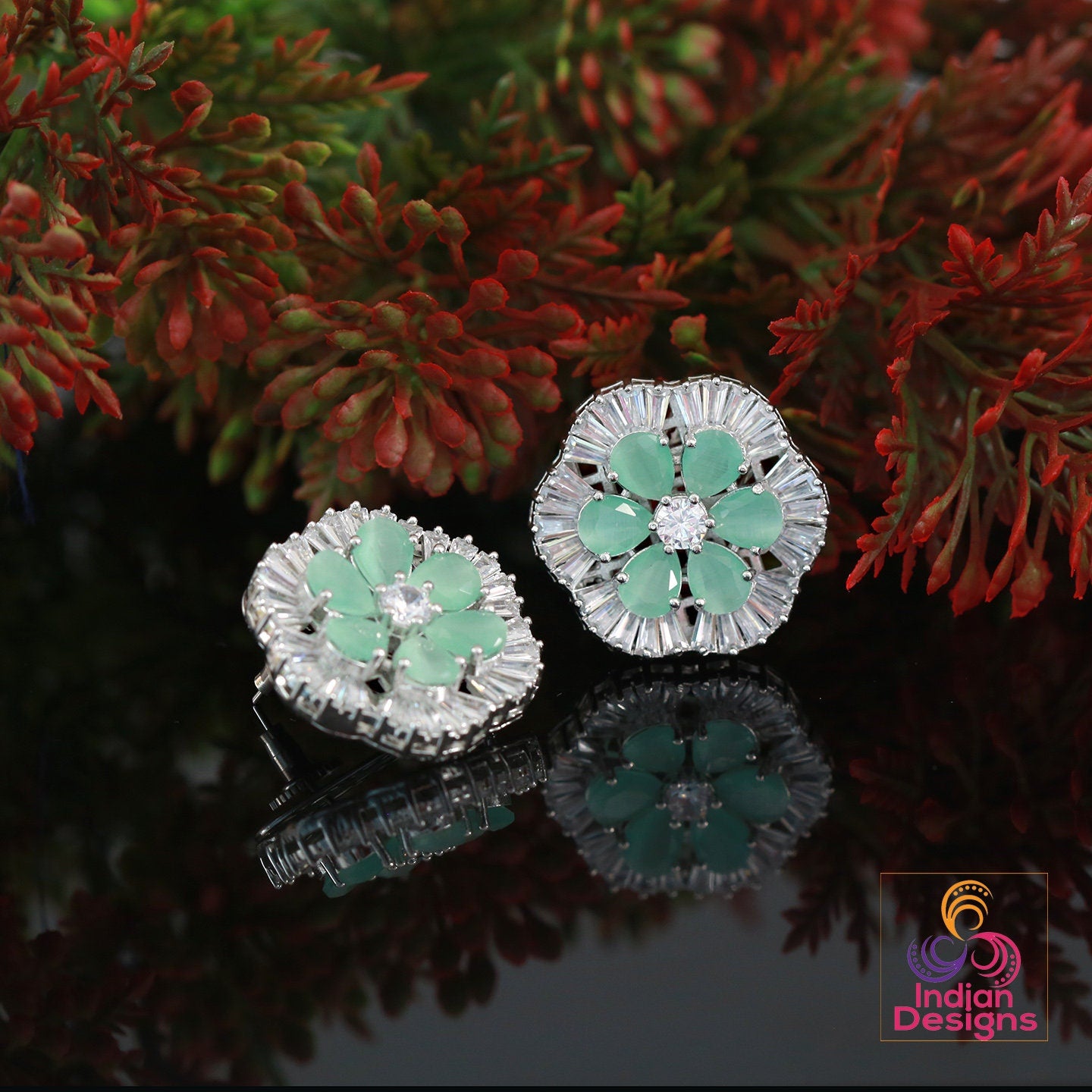 Big flower stud Crystal earrings | Ad stud earrings Mint stones | Rhodium Plated American Diamond stud Earrings | Bollywood style CZ Studs