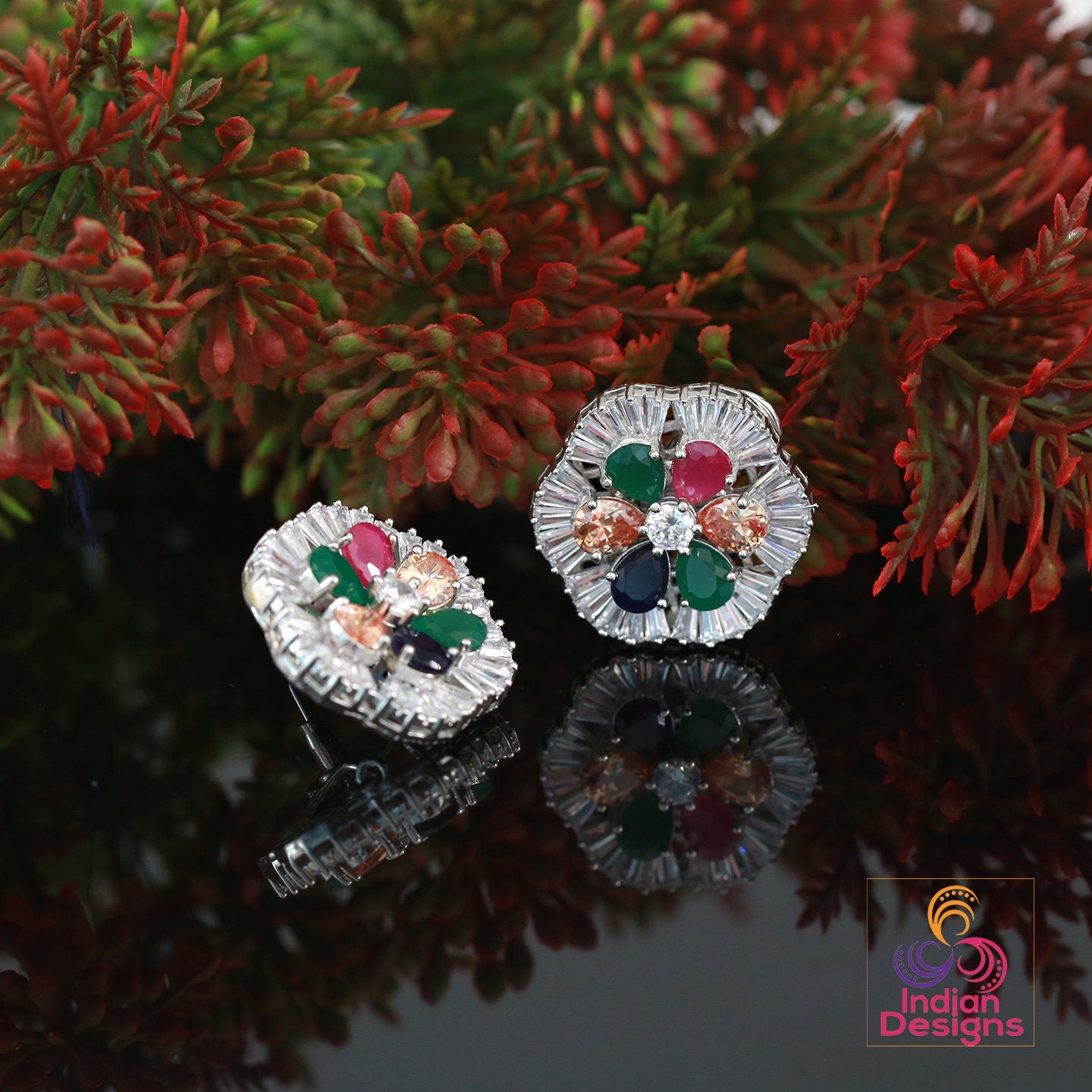Big flower stud Crystal earrings | Ad stud earrings Mint stones | Rhodium Plated American Diamond stud Earrings | Bollywood style CZ Studs