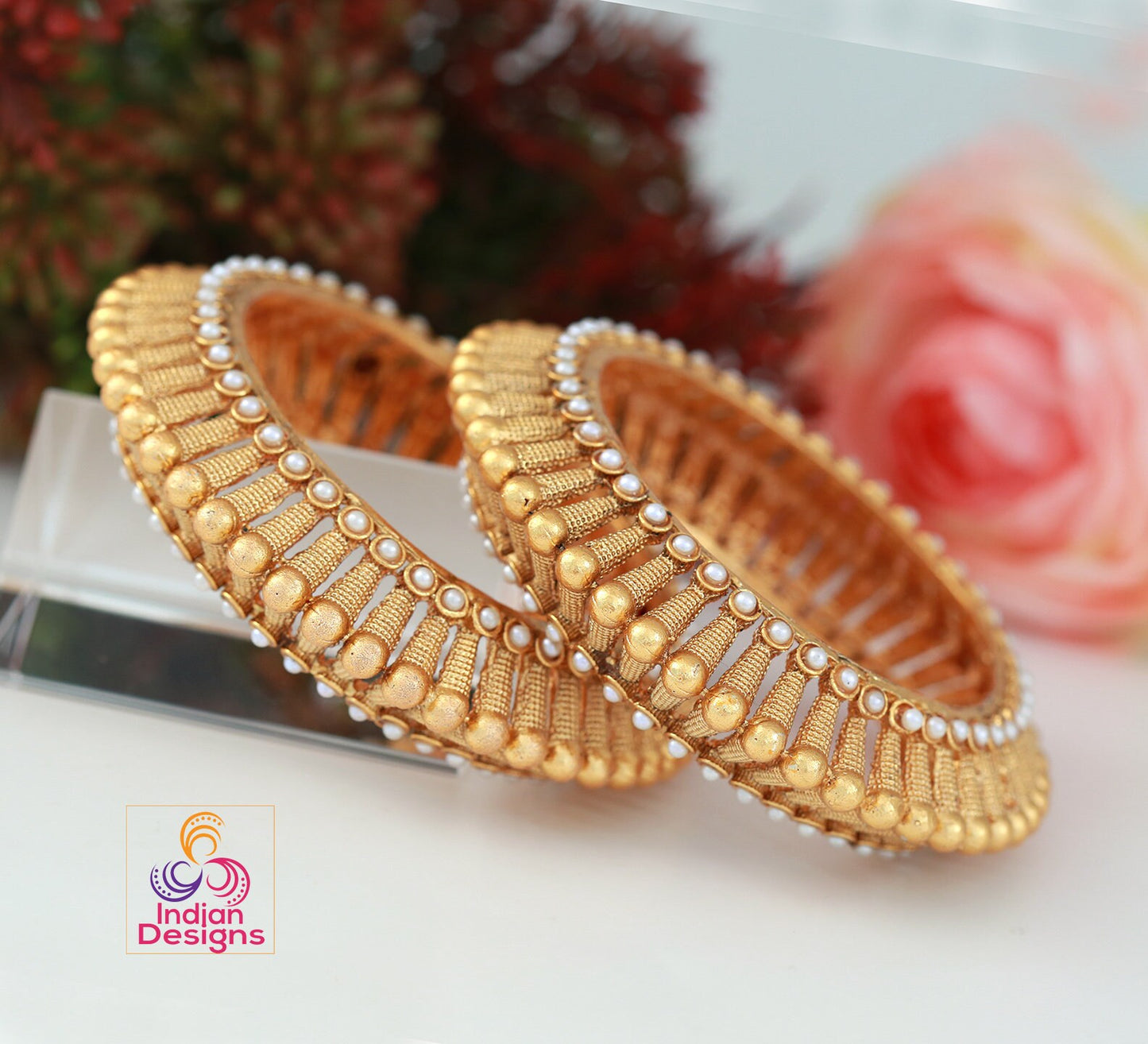 Gold plated kada bangles for ladies | Screw openable Polki kada bangle | Pair of Indian Wedding bangles studded with Ruby white round stones