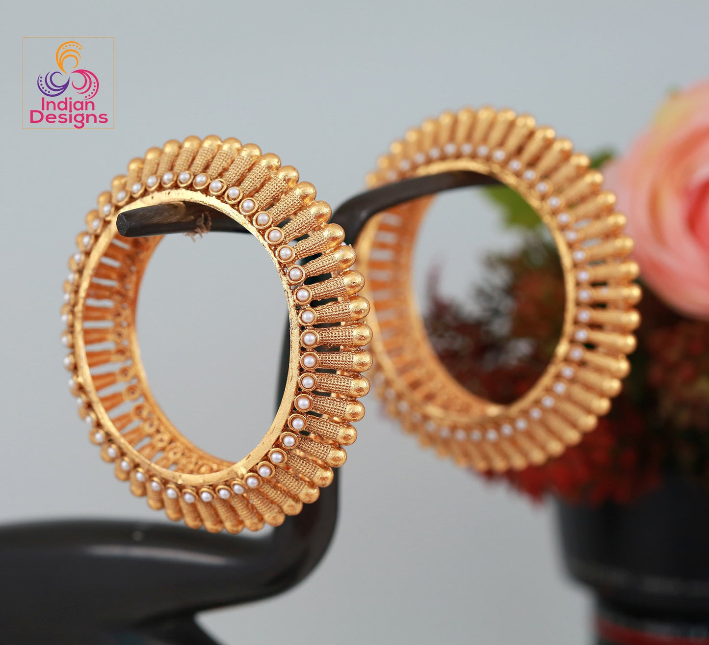 Gold plated kada bangles for ladies | Screw openable Polki kada bangle | Pair of Indian Wedding bangles studded with Ruby white round stones