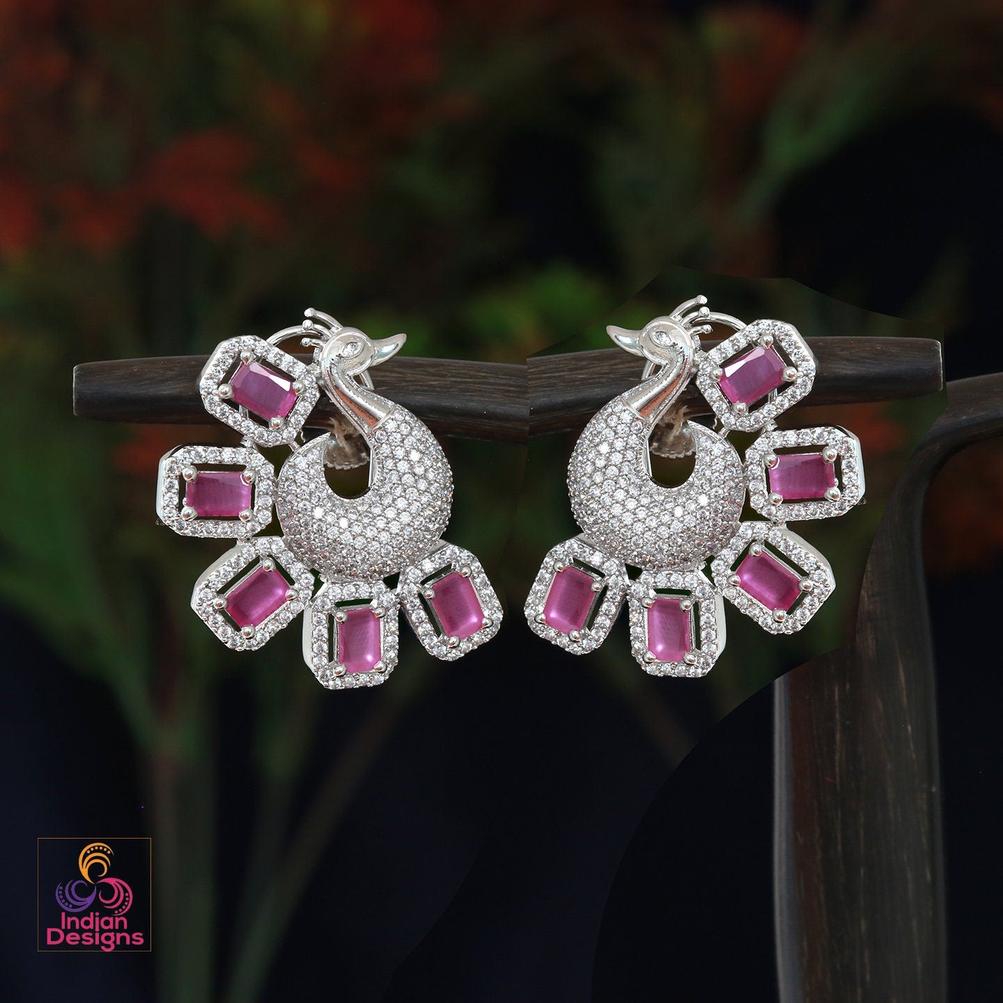 Silver CZ Crystal peacock stud Earrings | American Diamond Stud earring | Indian Pakistani wedding Earrings | Rose gold CZ stud Earrings