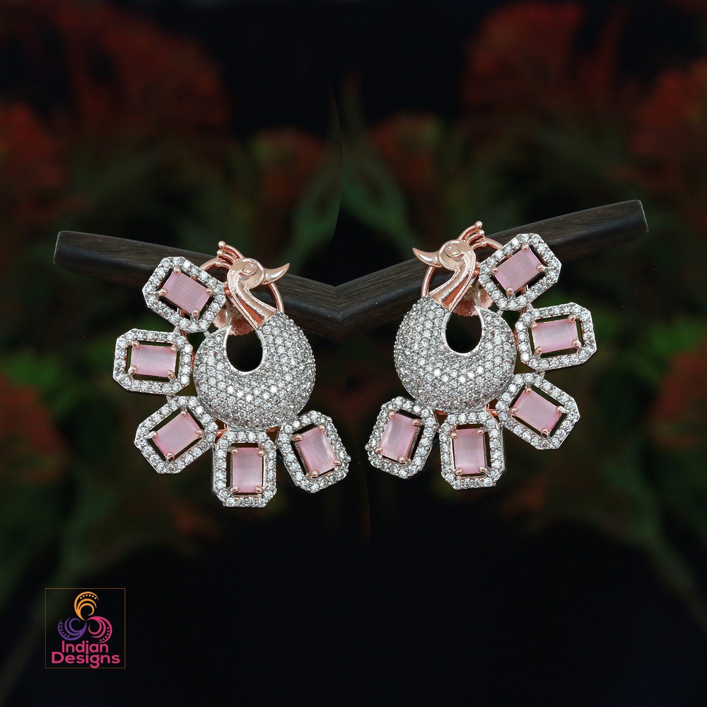 Silver CZ Crystal peacock stud Earrings | American Diamond Stud earring | Indian Pakistani wedding Earrings | Rose gold CZ stud Earrings