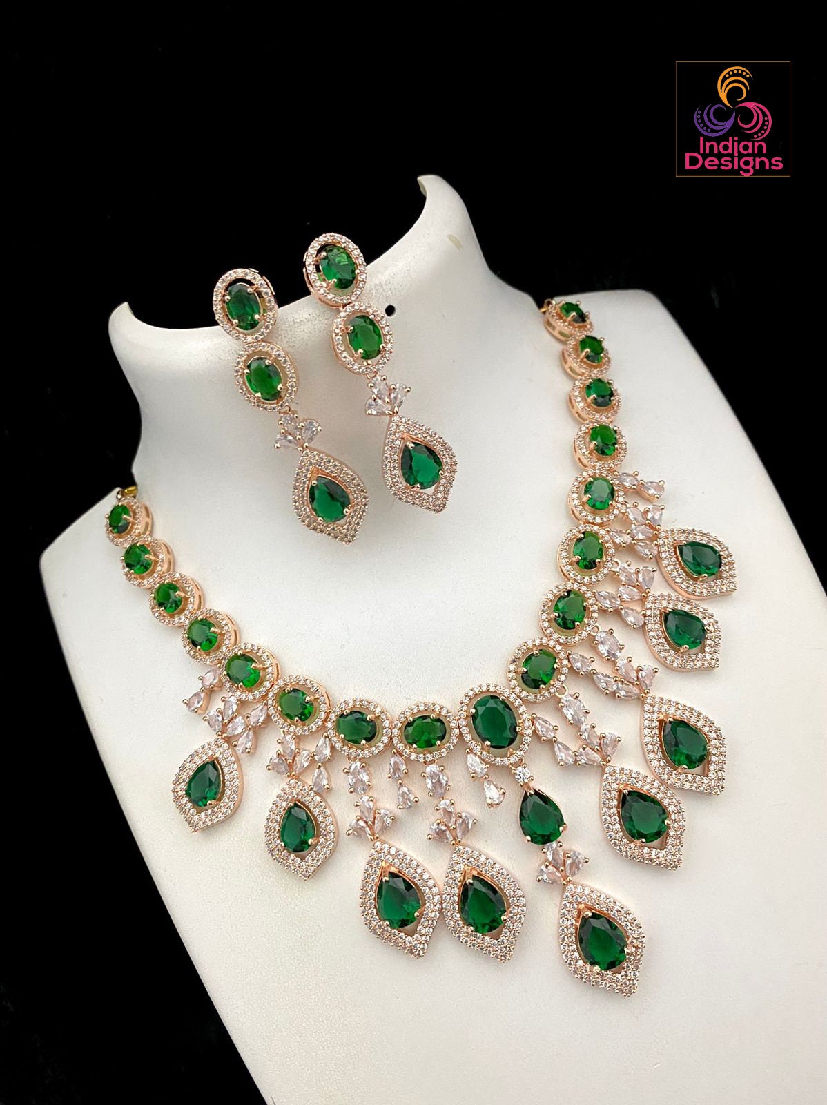 Mint Green Statement Necklace | American diamond necklace set rose gold | Cz ad Indian jewelry sets | Beautiful Pakistani Jewelry designs
