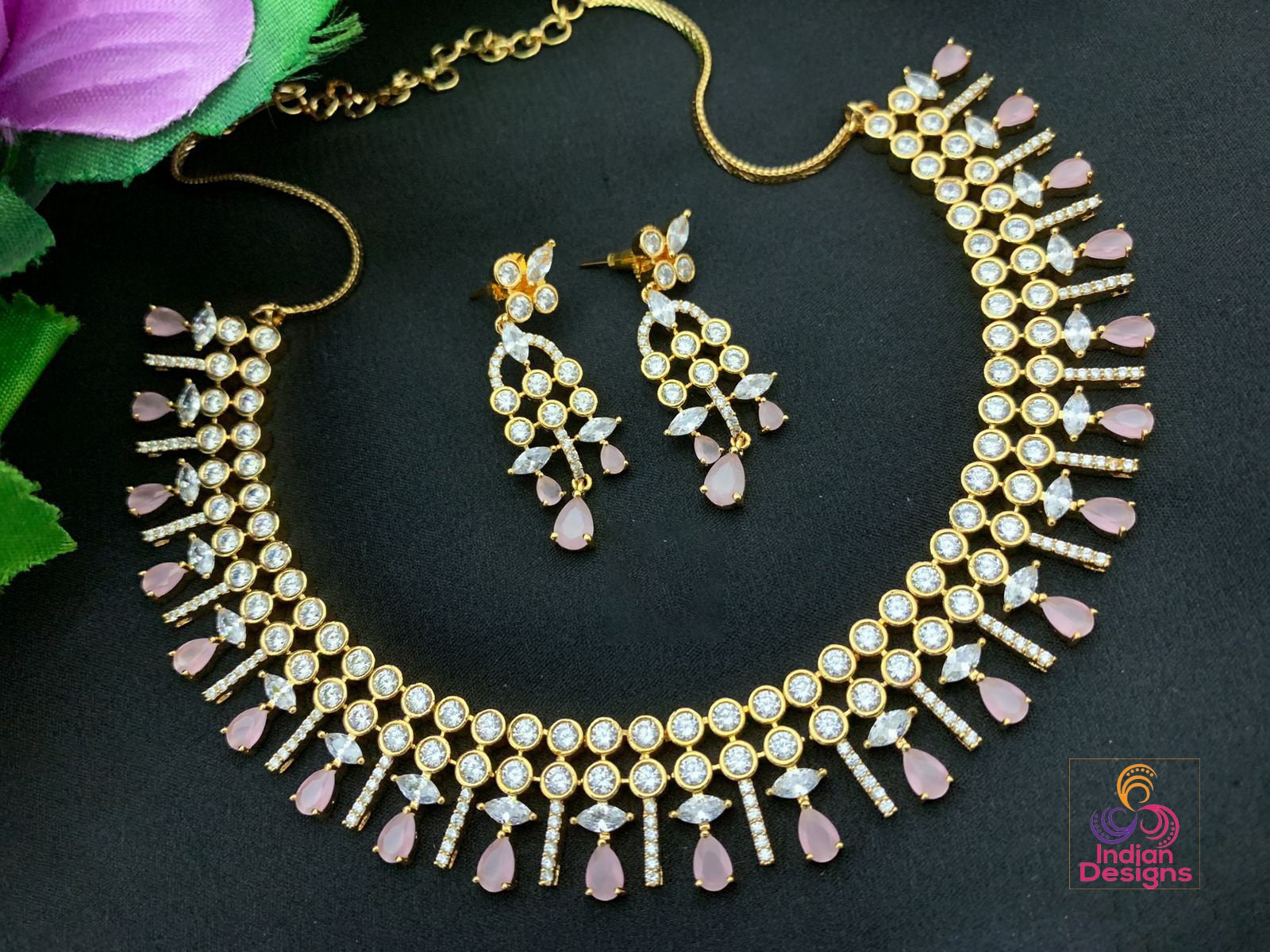 Indian Pakistani Bollywood American Diamond necklace earing set Green and  pink