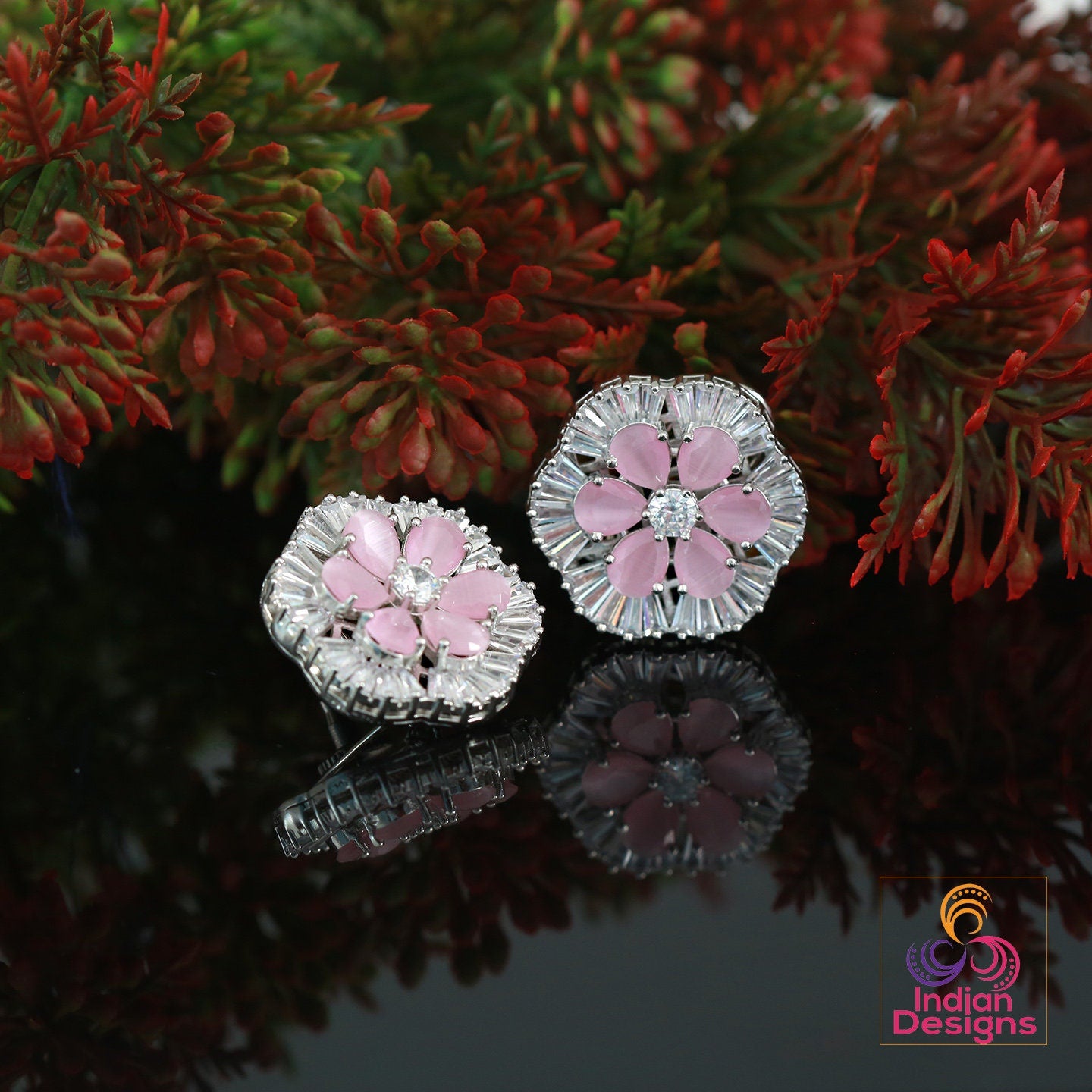 Big flower stud Crystal earrings | Ad stud earrings Mint stones | Rhodium Plated American Diamond stud Earrings | Bollywood style CZ Studs