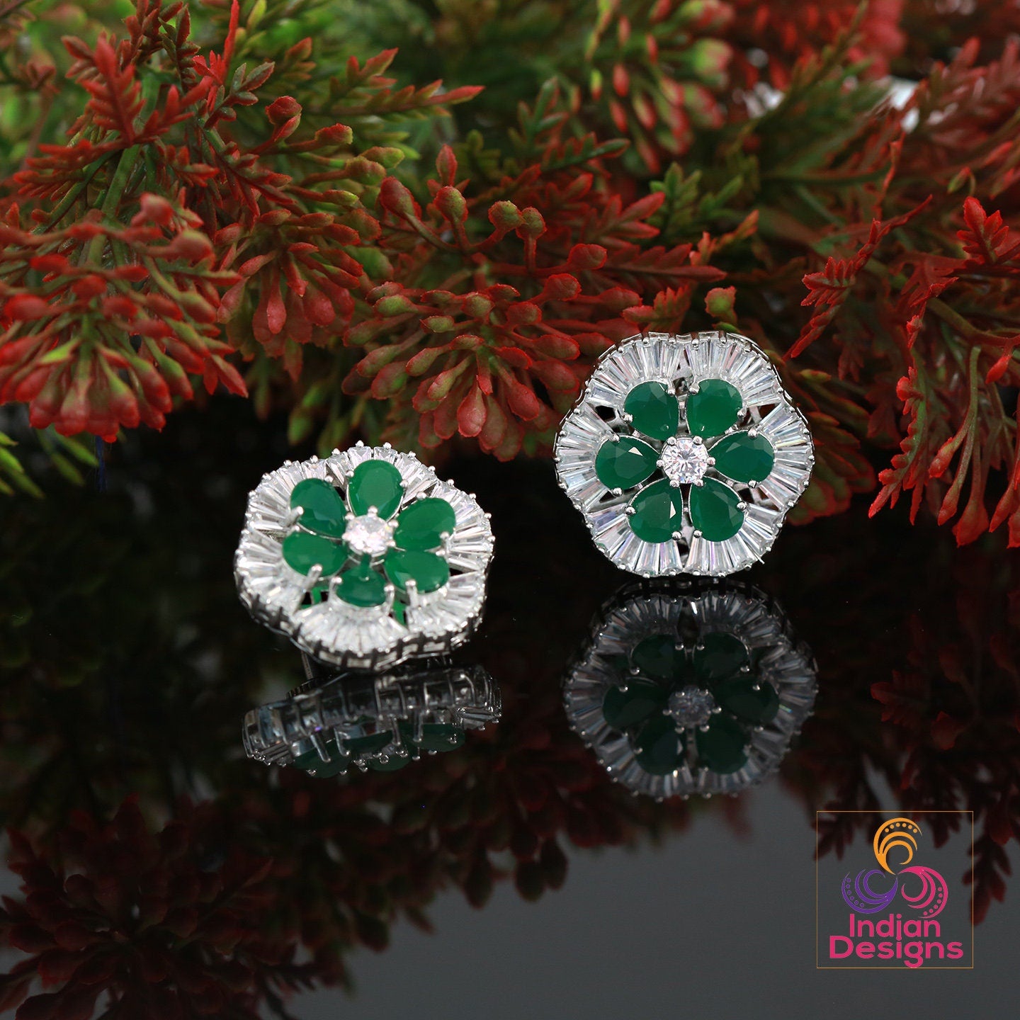 Big flower stud Crystal earrings | Ad stud earrings Mint stones | Rhodium Plated American Diamond stud Earrings | Bollywood style CZ Studs