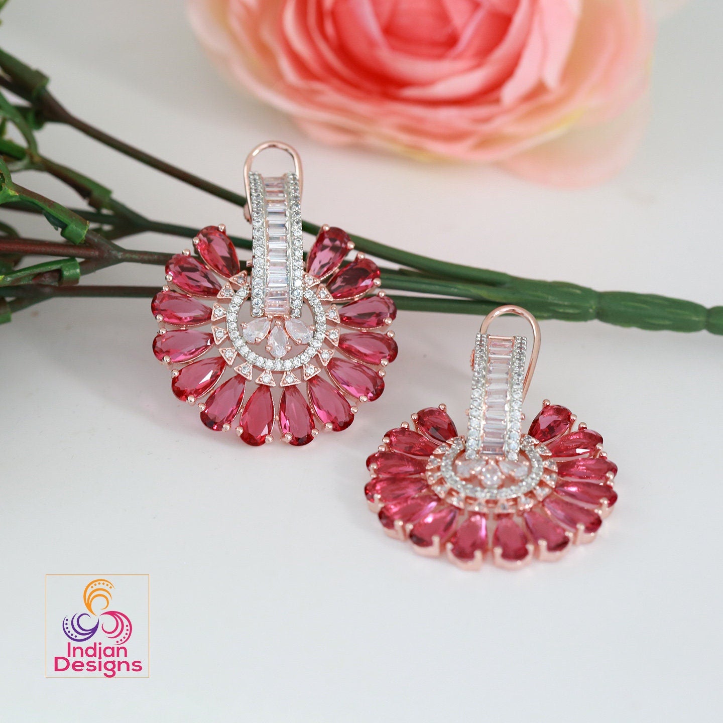 Big flower stud Crystal earrings | Ad stud earrings Pink stones | Rose Gold Plated American Diamond stud Earrings | Bollywood style CZ Studs