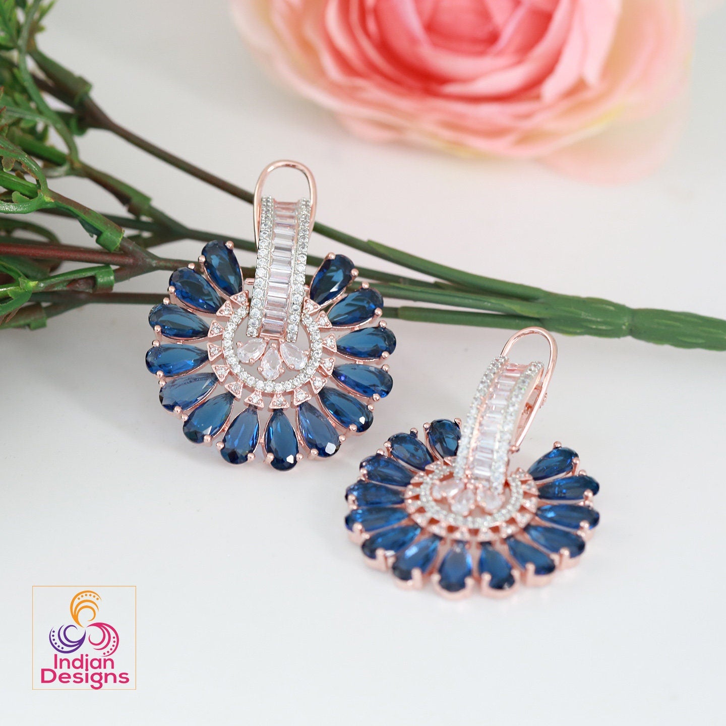 Big flower stud Crystal earrings | Ad stud earrings Pink stones | Rose Gold Plated American Diamond stud Earrings | Bollywood style CZ Studs