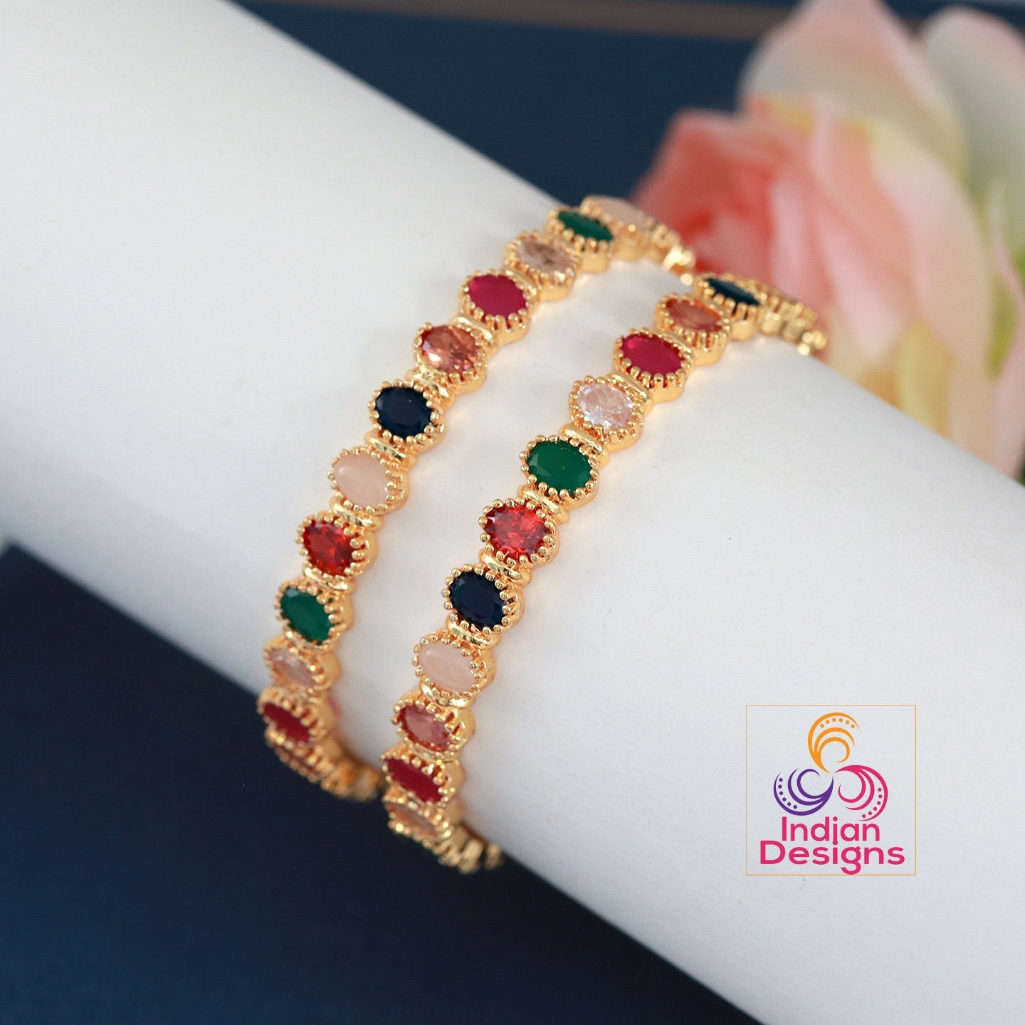 Navaratna Bangles Gold Plated-The Most Beautiful Bangle Designs for Women |  One Gram Gold Multicolor CZ Ad bangles | Indian wedding Bangle