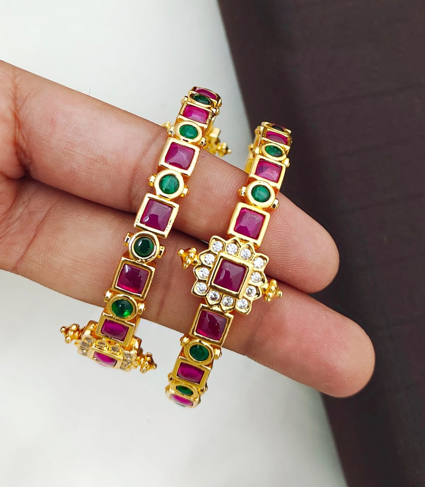 Pair of High quality Gold finish Ruby Green kemp bangles | South Indian Style Traditional jewelry Bangles | Gold bangle bracelet for women
