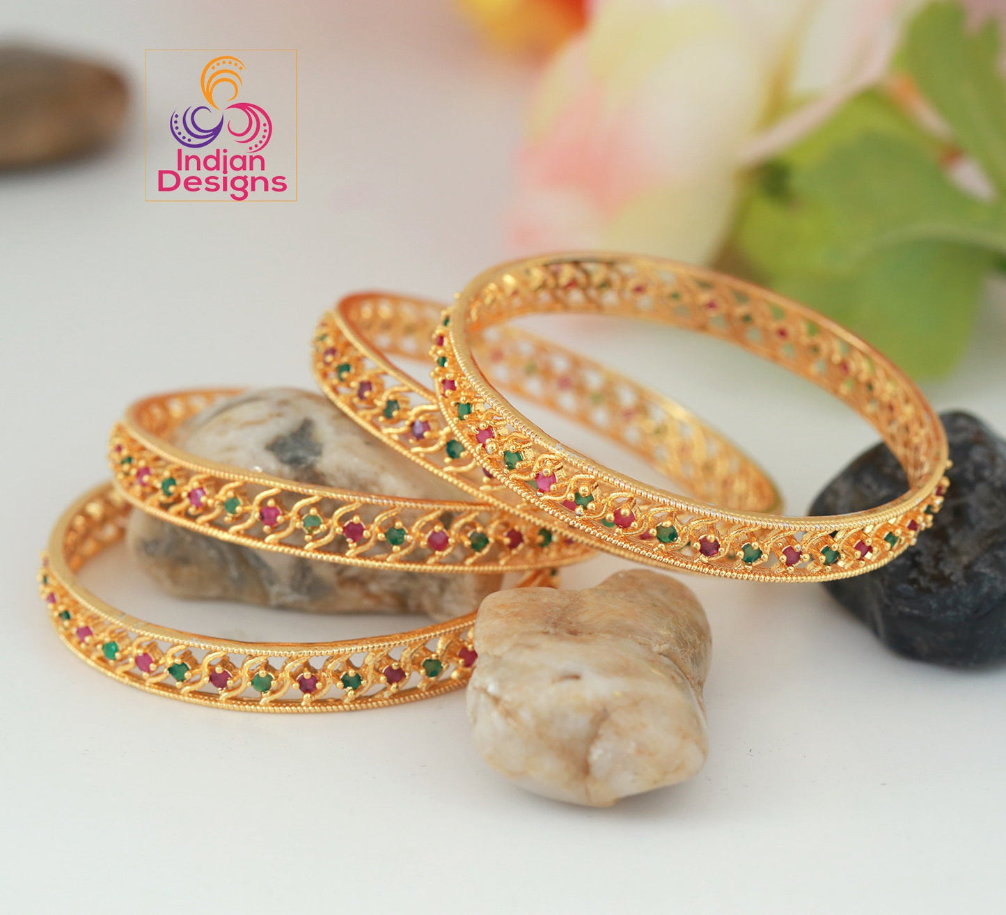 4pcs One gram gold Bridal bangle Set | American diamond Ruby emerald stone gold bangles Indian Designs | South Indian style wedding bangles