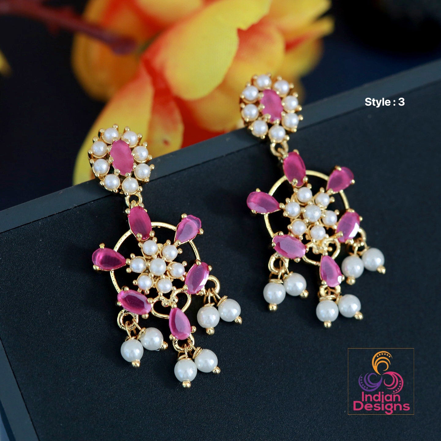 Real pearl Drop earrings with Ruby Stones for Wedding | Gold plated Earrings