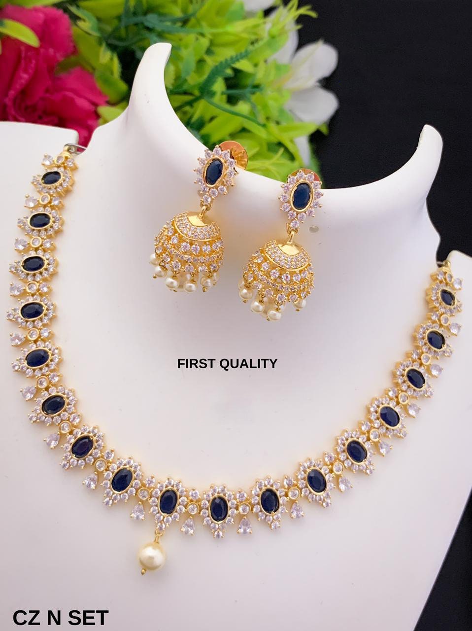 Cz American diamond ruby and green stone gold necklace with pearl drop earrings | necklace with single pearl drop | Jhumka Earrings
