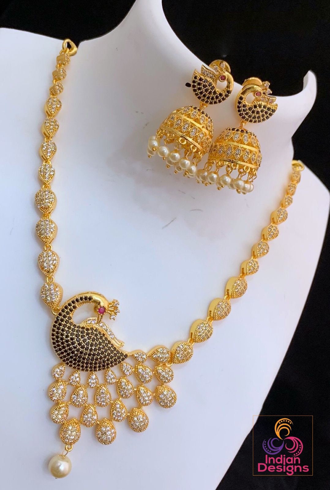 Dancing Peacock Design American Diamond Necklace Earring set |Gold Plated Peacock American Diamond Necklace with Ruby stones |Indian Jewelry