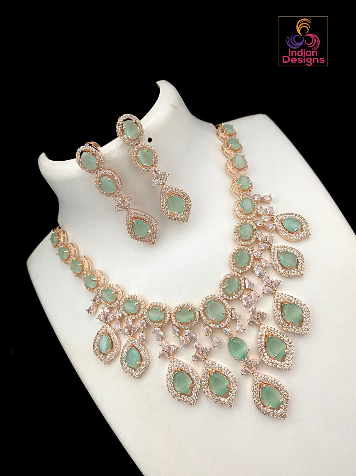 Mint Green Statement Necklace | American diamond necklace set rose gold | Cz ad Indian jewelry sets | Beautiful Pakistani Jewelry designs