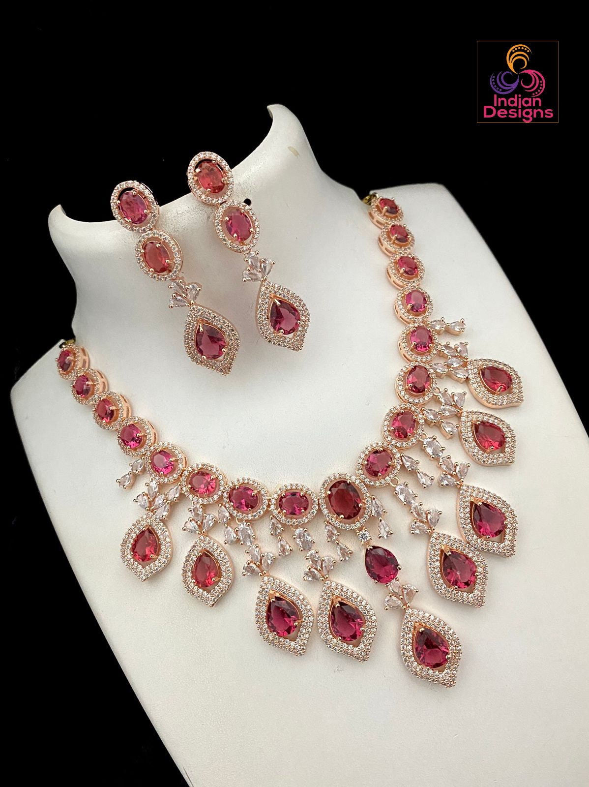 Mint Green Statement Necklace | American diamond necklace set rose gold | Cz ad Indian jewelry sets | Beautiful Pakistani Jewelry designs