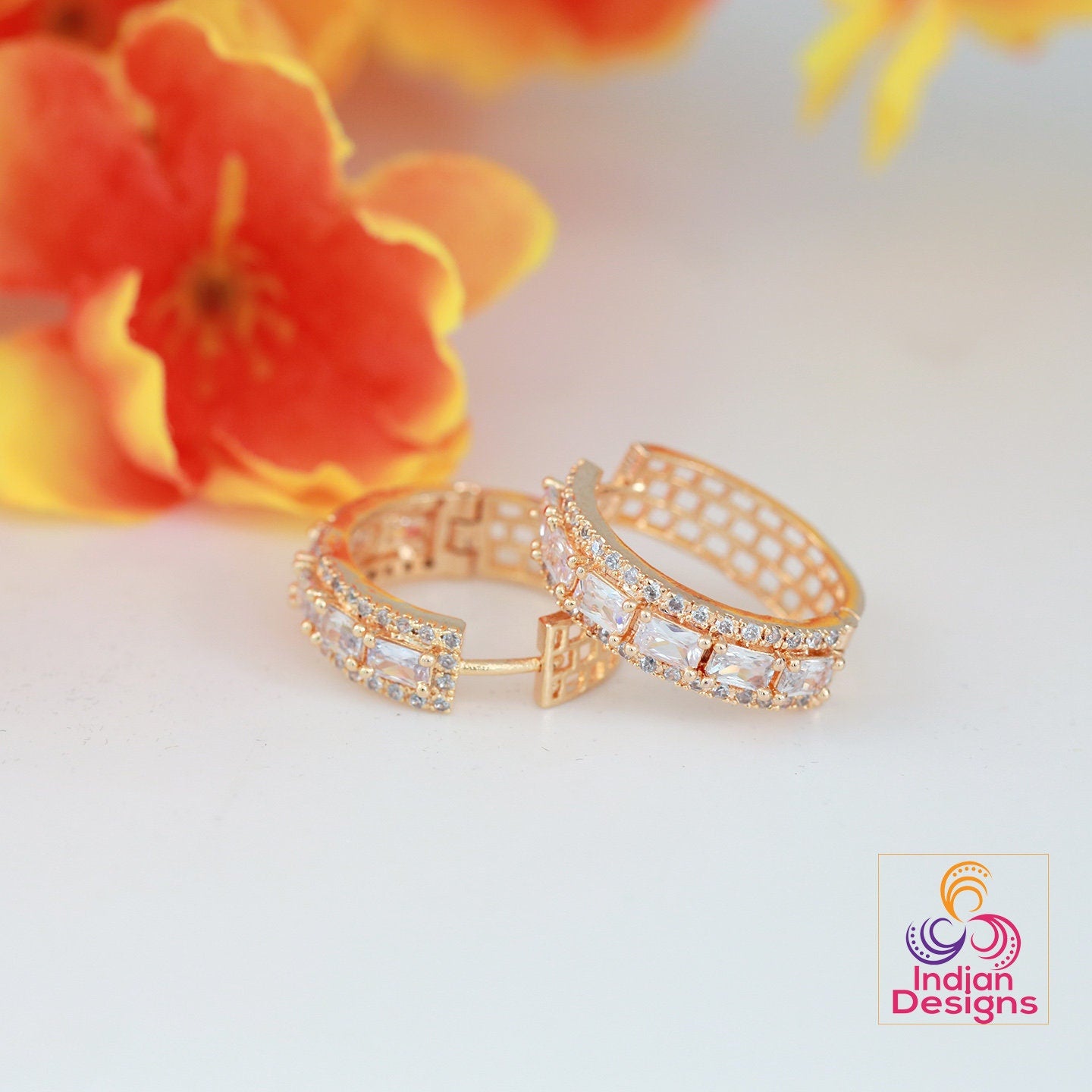 Minimalist CZ diamond Gold hoop Earrings | American diamond Small crystal hoop Earrings | Pink stone hoops | Stud Earrings at Indian Designs