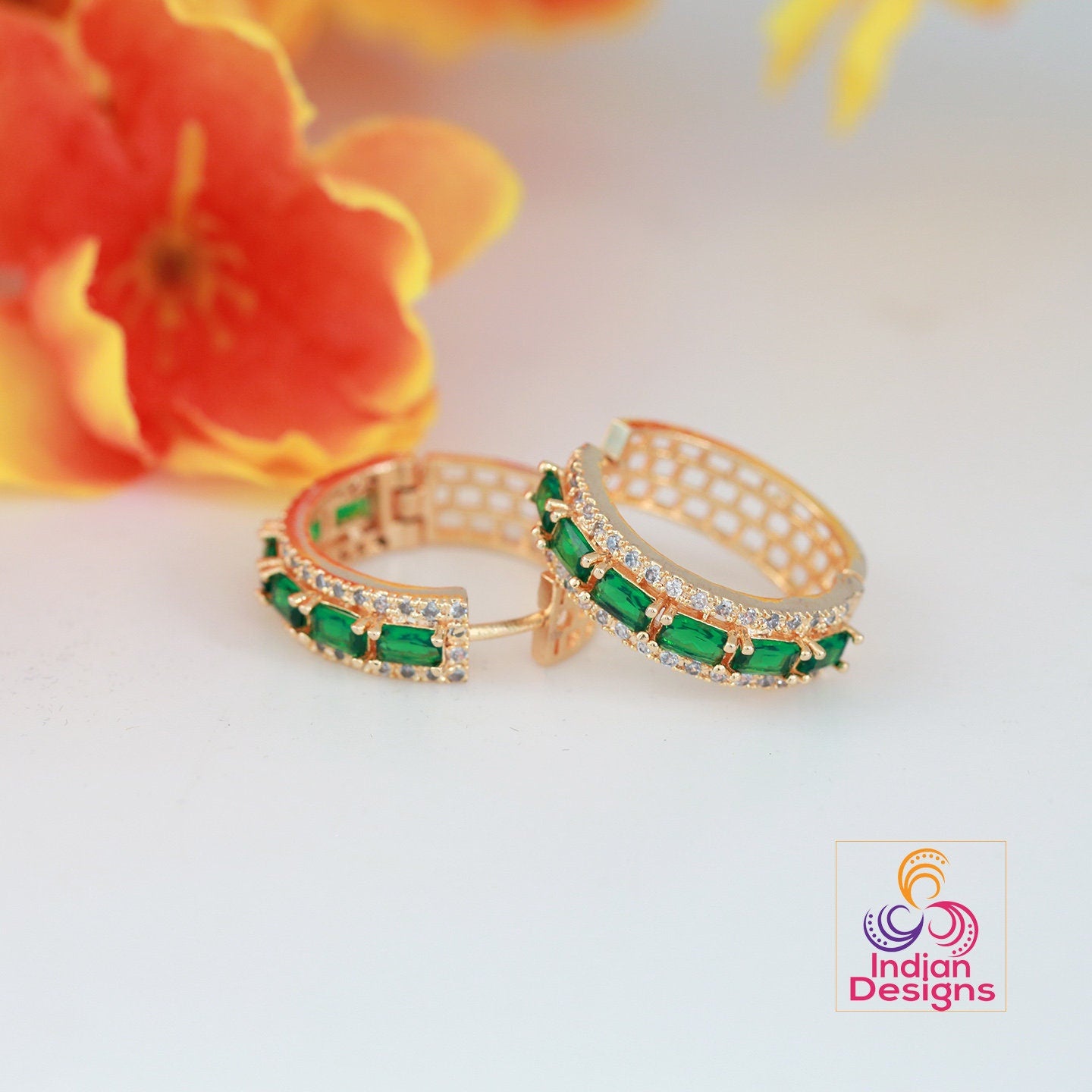 Minimalist CZ diamond Gold hoop Earrings | American diamond Small crystal hoop Earrings | Pink stone hoops | Stud Earrings at Indian Designs