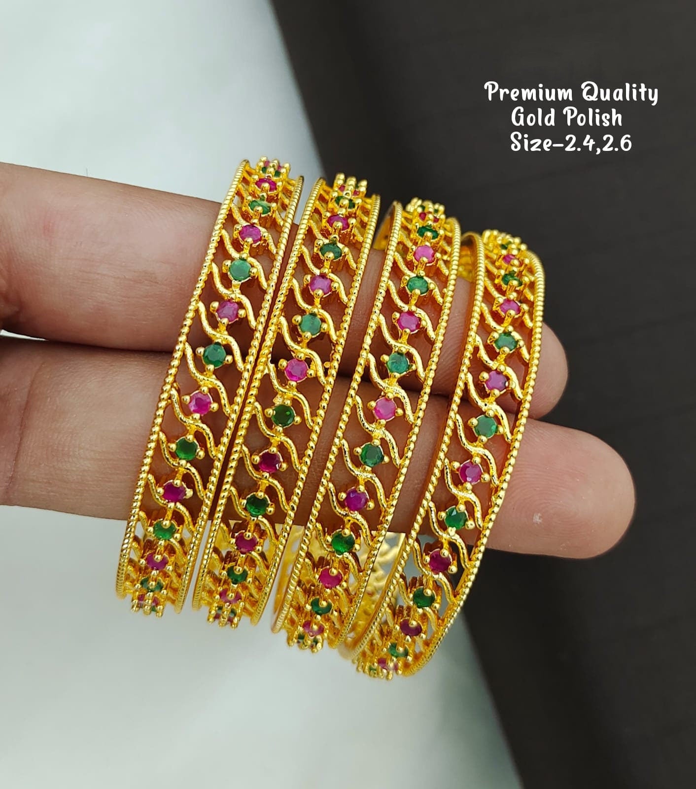 4pcs One gram gold Bridal bangle Set | American diamond Ruby emerald stone gold bangles Indian Designs | South Indian style wedding bangles
