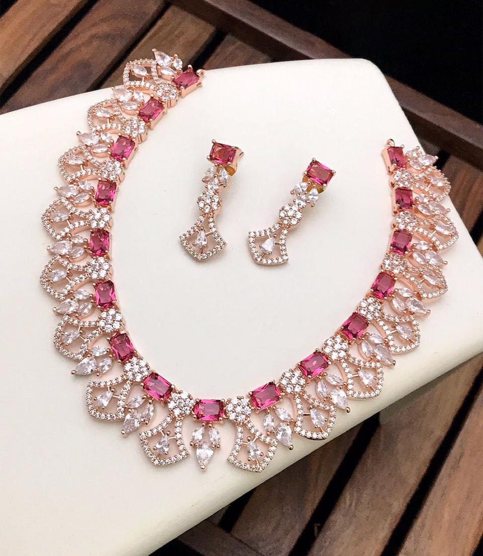Rose gold American diamond necklace set | Crystal mint green Jewelry | Blue stone bridal wedding necklace | Pink Diamond Statement Necklace