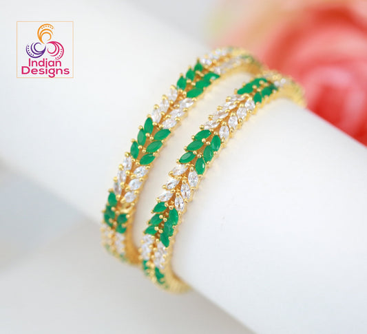Emerald Green and White Stone bangles Gold plated | Pair of CZ American diamond Marquise cut Green stone bangles | Indian Crystal bangles