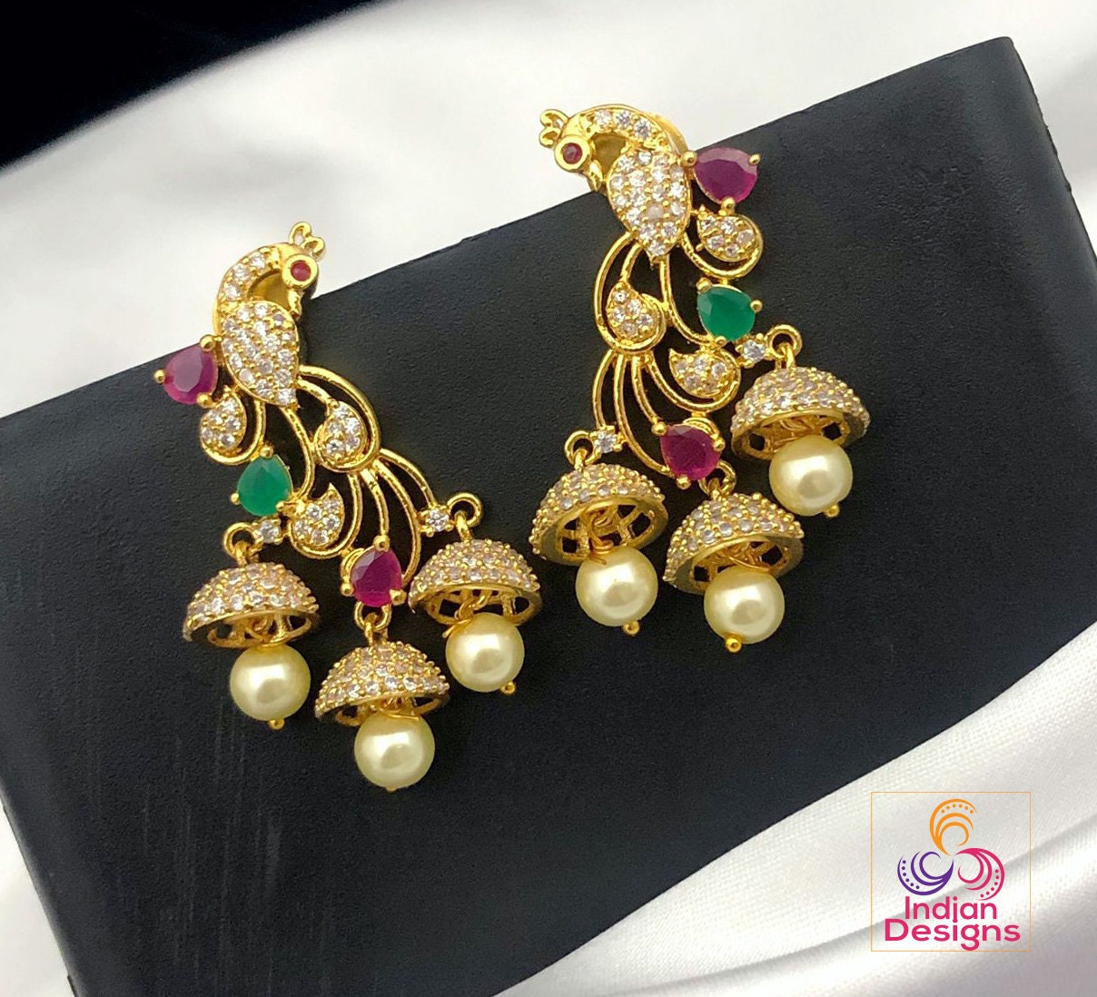 Jhumka Earrings | Gold plated multi layer Jhumkas | American Diamond Ruby Emerald Sapphire Blue Peacock Design party style Jhumka Jhumki