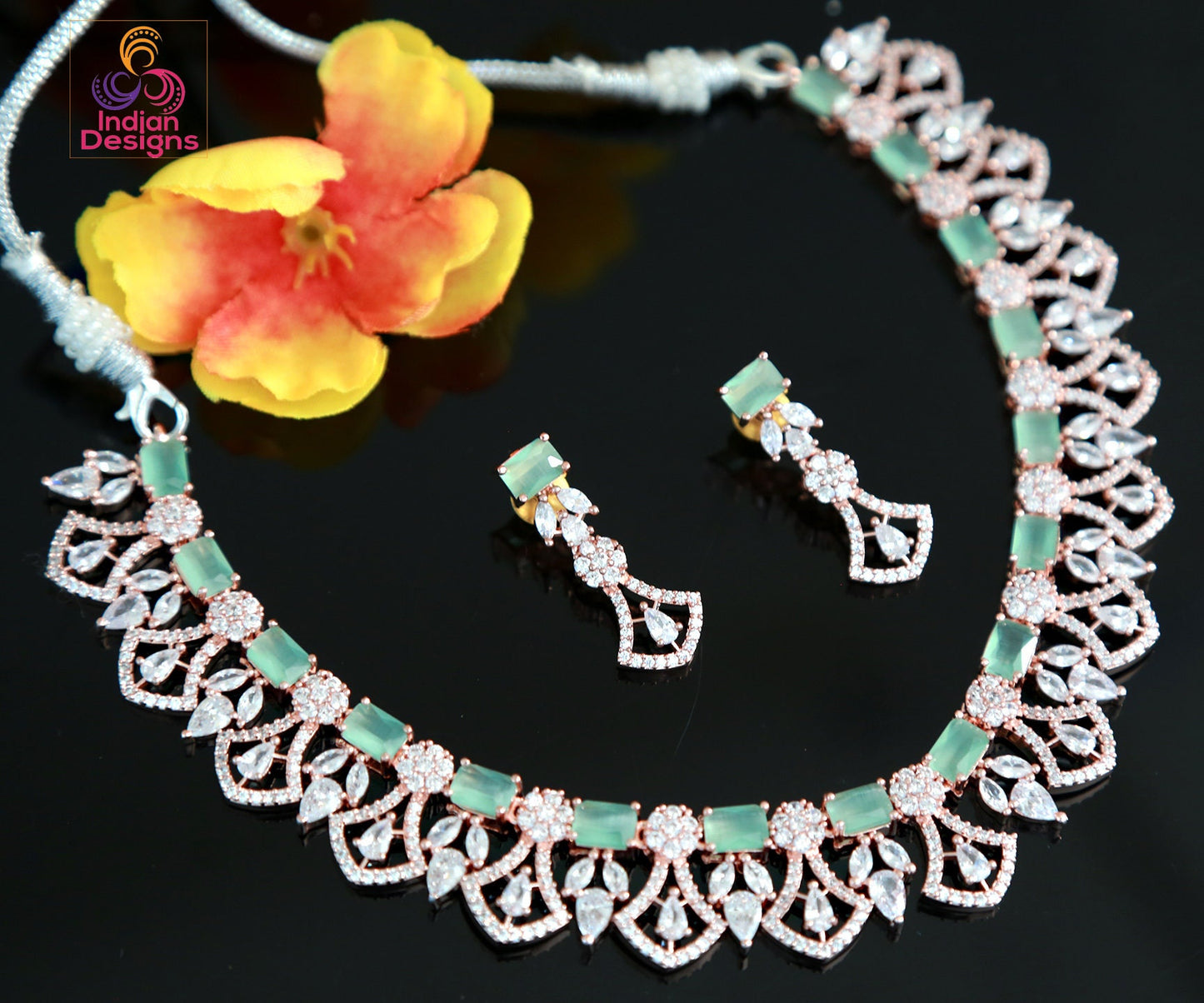 Rose gold American diamond necklace set | Crystal mint green Jewelry | Blue stone bridal wedding necklace | Pink Diamond Statement Necklace