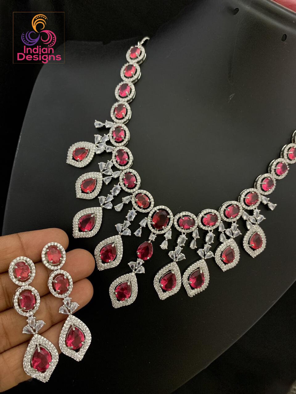 Pink Stone Statement Necklace | Silver Plated American diamond necklace | Cz ad Indian jewelry sets | Beautiful Pakistani Jewelry designs