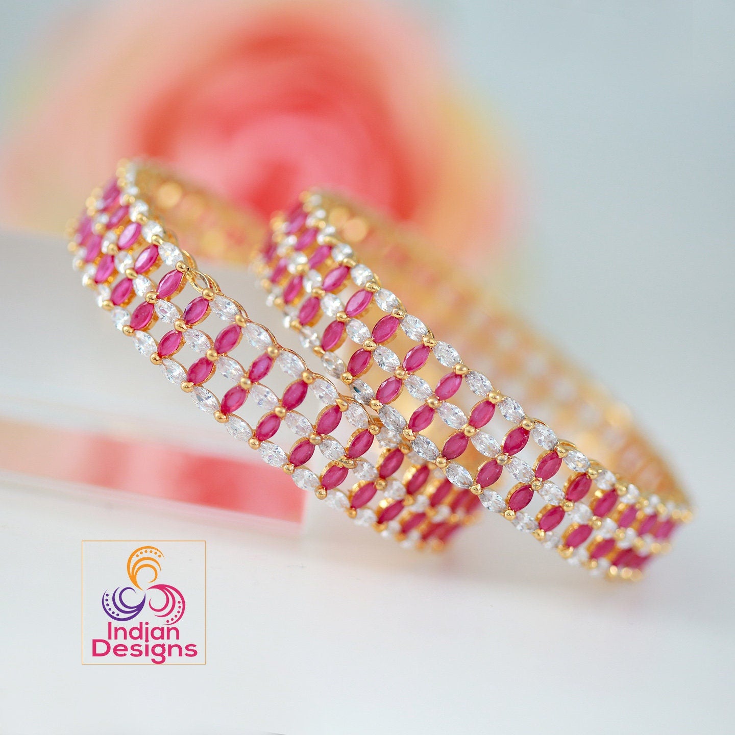 22k Gold plated American diamond marquise cut ruby stone bangles | CZ AD Bangle bracelet From Indian Designs | Party wear designer bangles