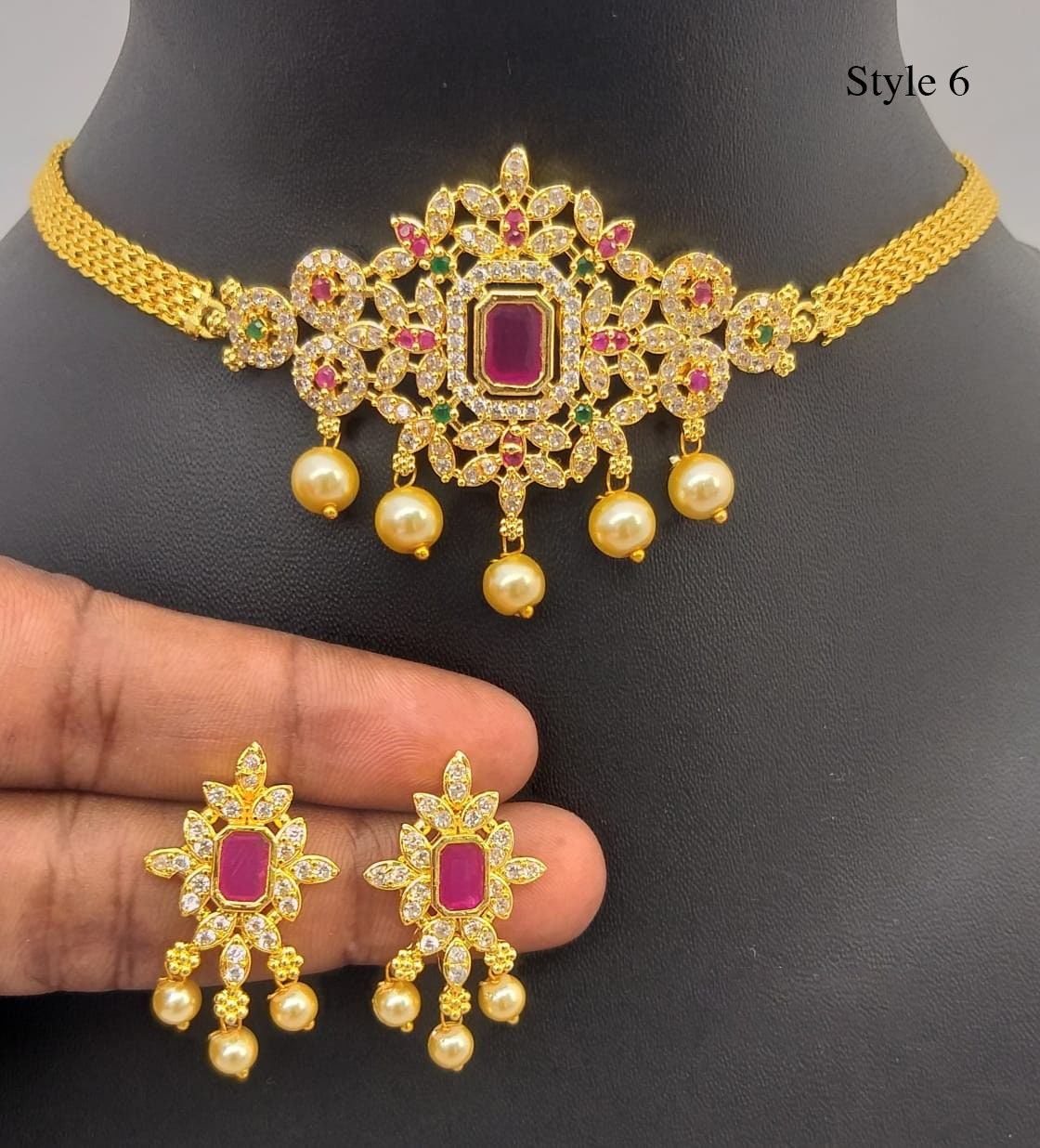 South Indian choker necklace designs | Small gold choker necklace designs with Pearl drops and AD stones | American Diamond Necklace online