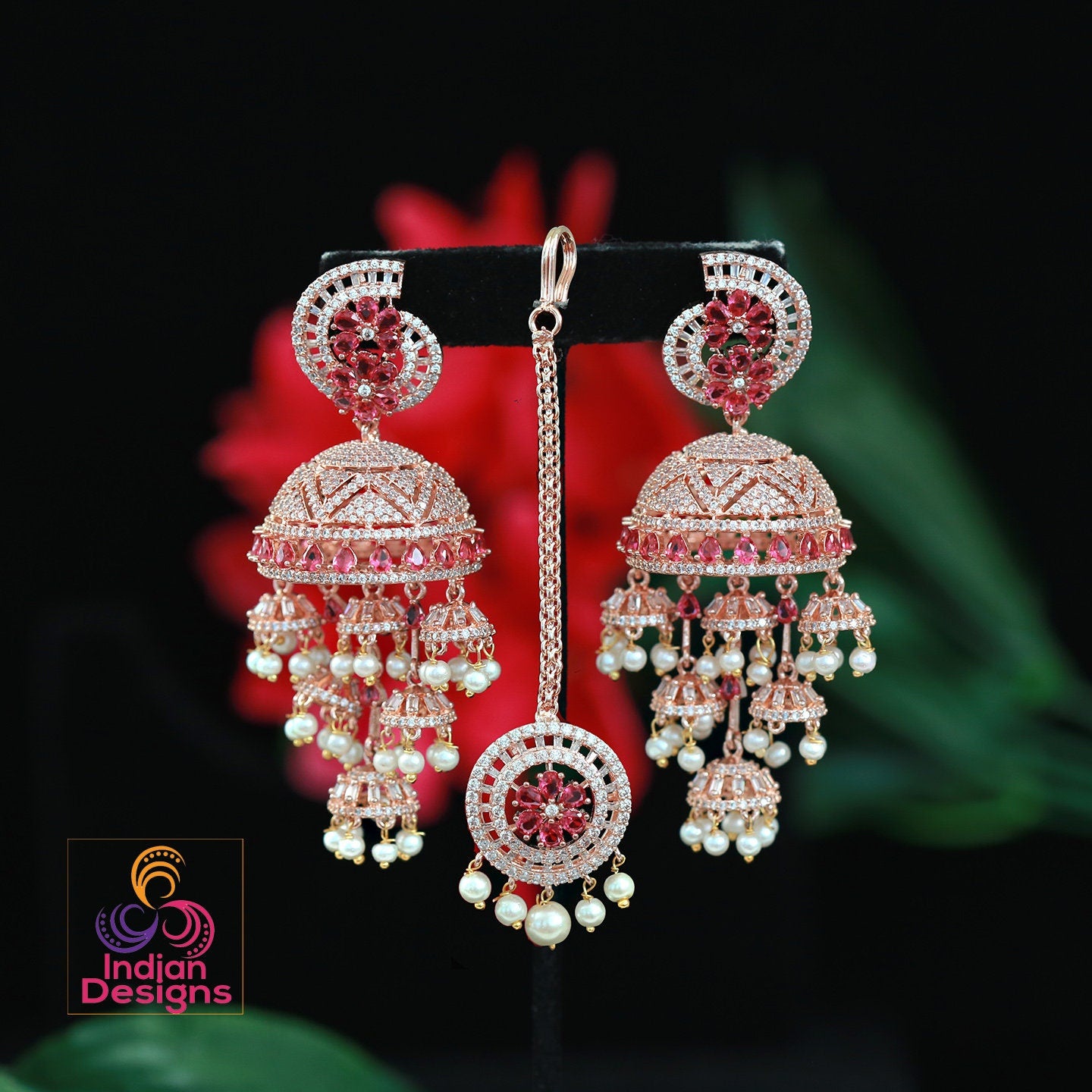 Big Silver-Rose Gold Jhumka Earrings with mangtikka | American Diamond Jhumki | Indian jewelry | Pakistani bridal jhumkas | Pearl jhumkas